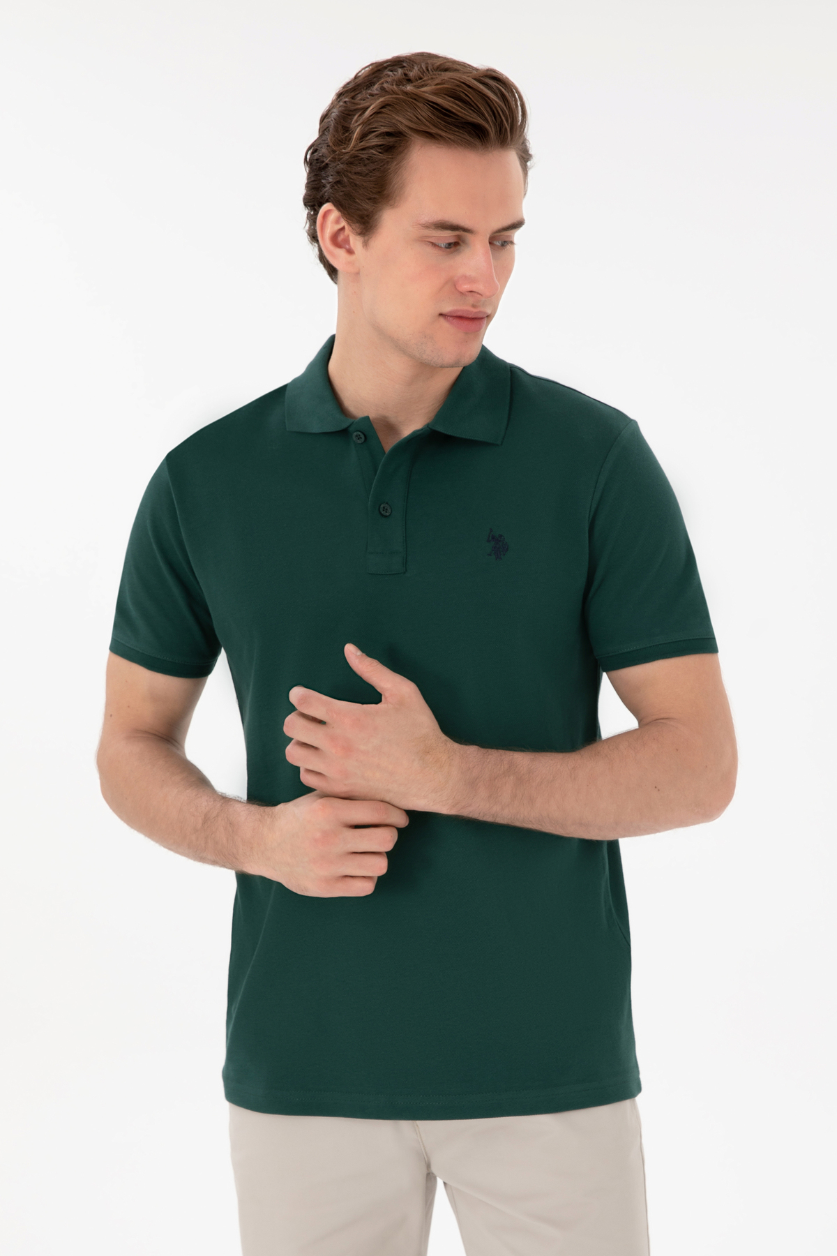 U.S. POLO ASSN. DOKUMA KUMAŞ % 100 PAMUK POLO YAKA KISA KOL YEŞİL T-SHİRT