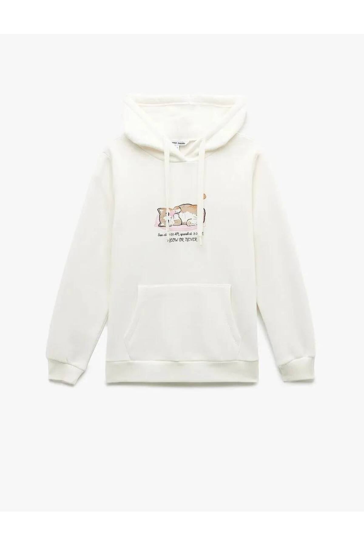 Üç İplik Şardonlu Kanguru Cep Detaylı Kedi Baskılı Kapüşonlu Sweatshirt
