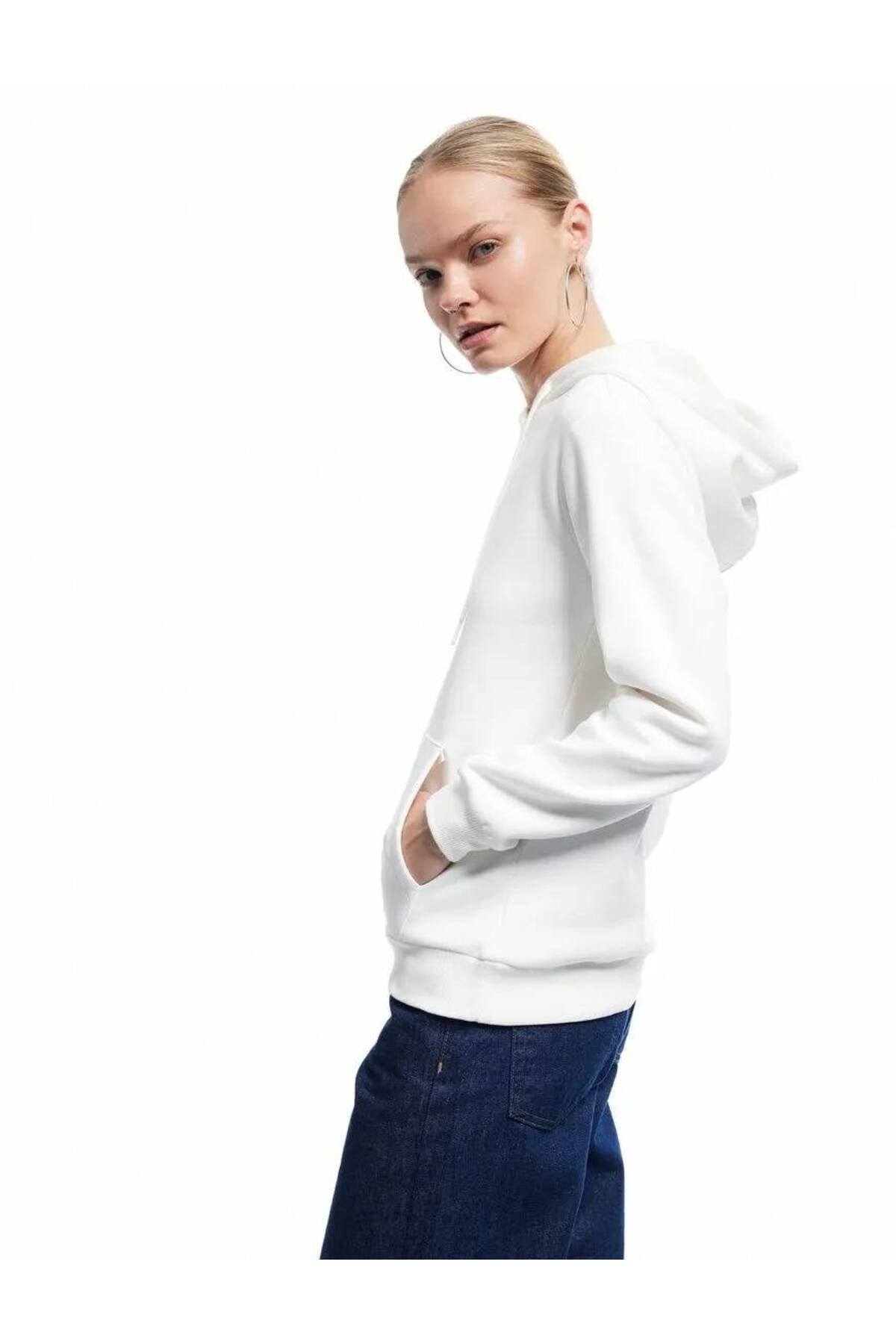Üç İplik Şardonlu Kanguru Cep Detaylı Kedi Baskılı Kapüşonlu Sweatshirt