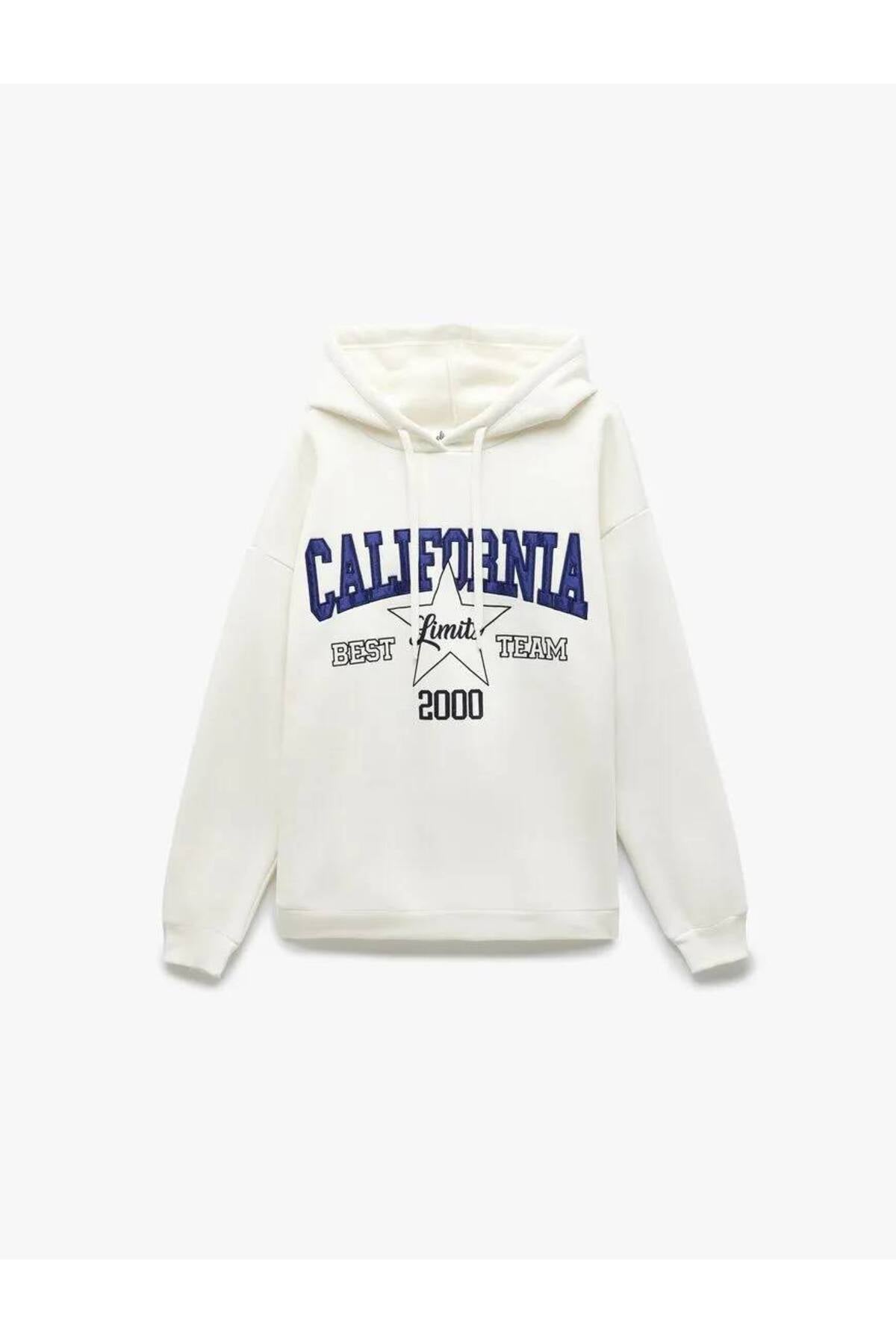 Üç İplik Şardonlu Kolej Nakış Detaylı Kapüşonlu Oversize Sweatshirt