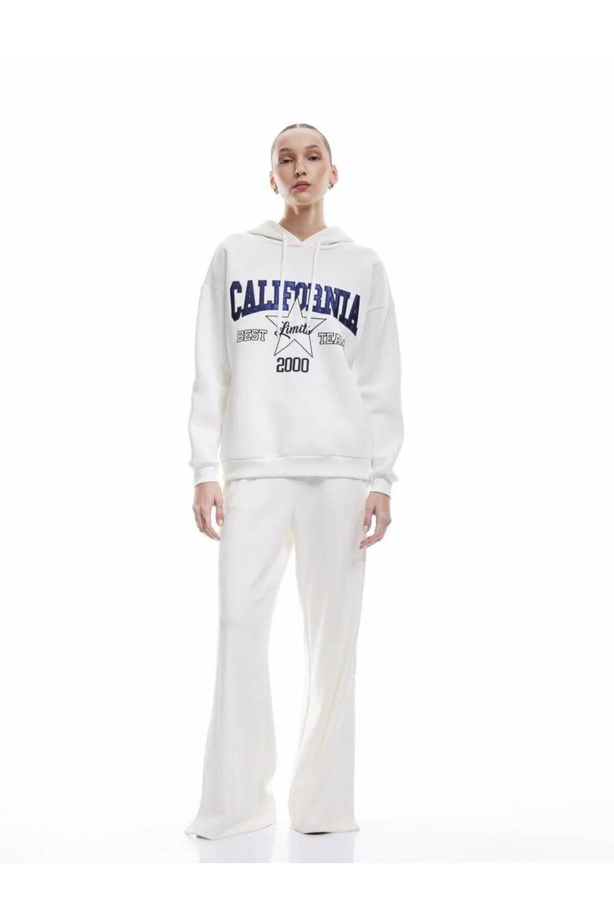 Üç İplik Şardonlu Kolej Nakış Detaylı Kapüşonlu Oversize Sweatshirt