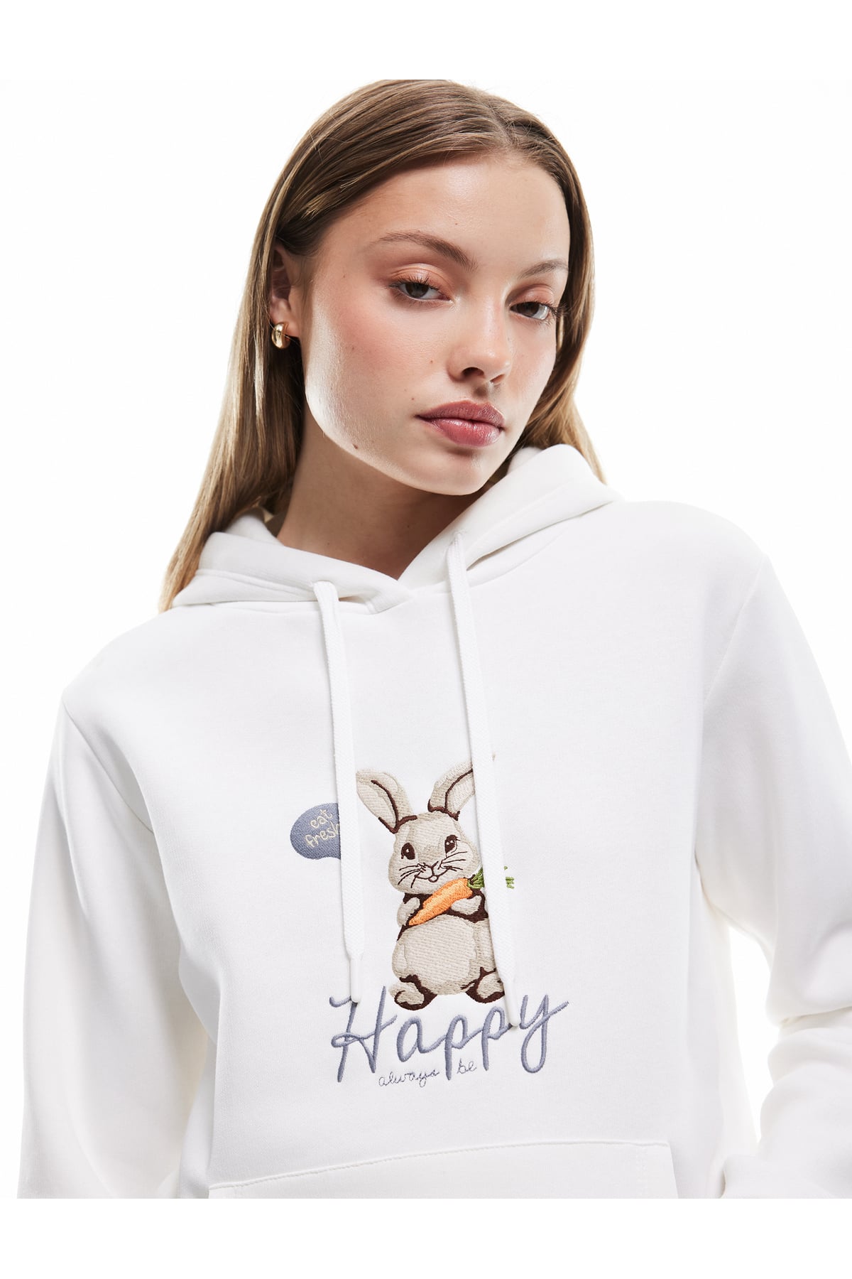 Üç İplik Şardonlu Nakış Detaylı Kanguru Cepli Kapüşonlu Sweatshirt