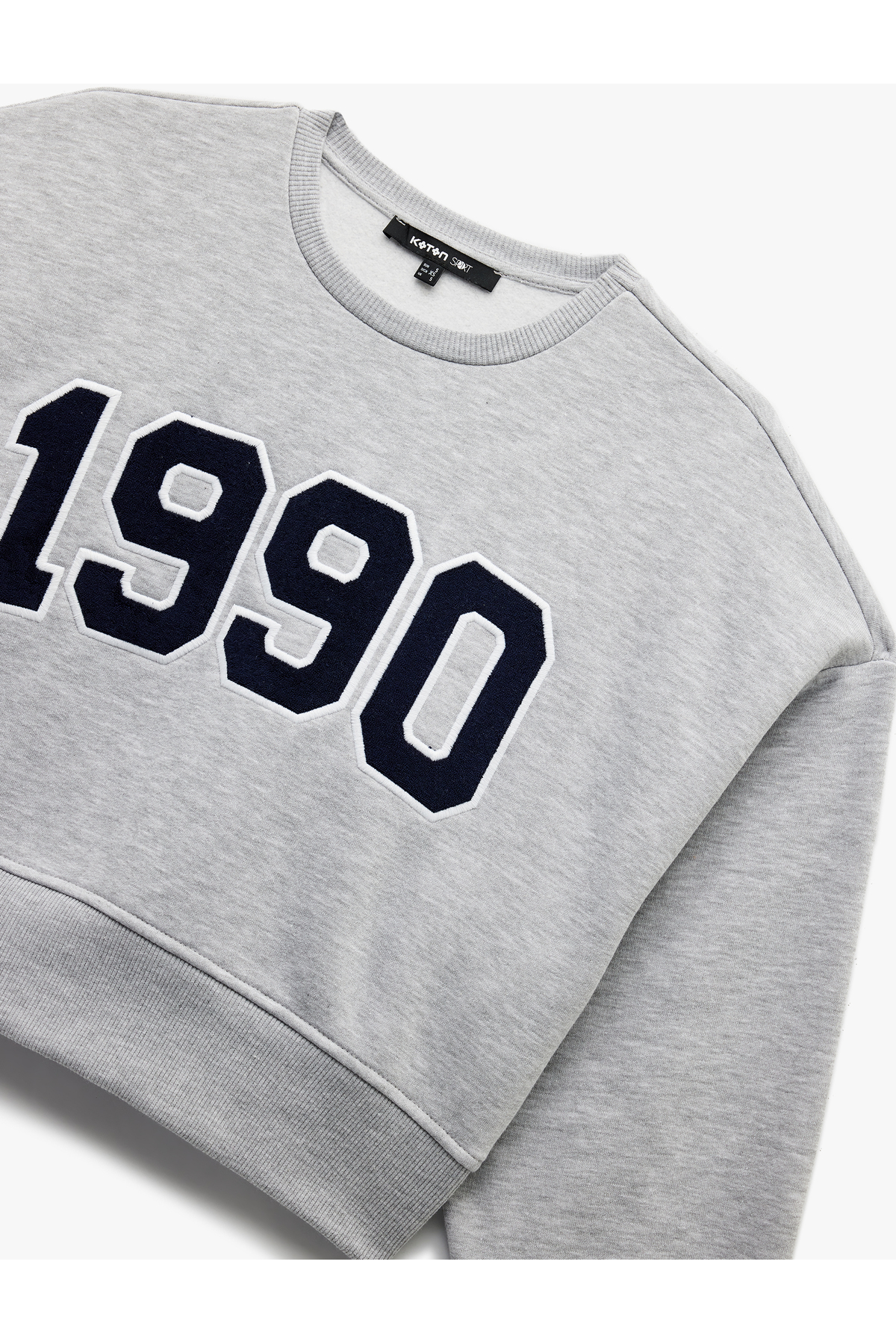 Üç İplik Şardonlu Uzun Kollu Bisiklet Yaka Nakışlı Crop Sweatshirt