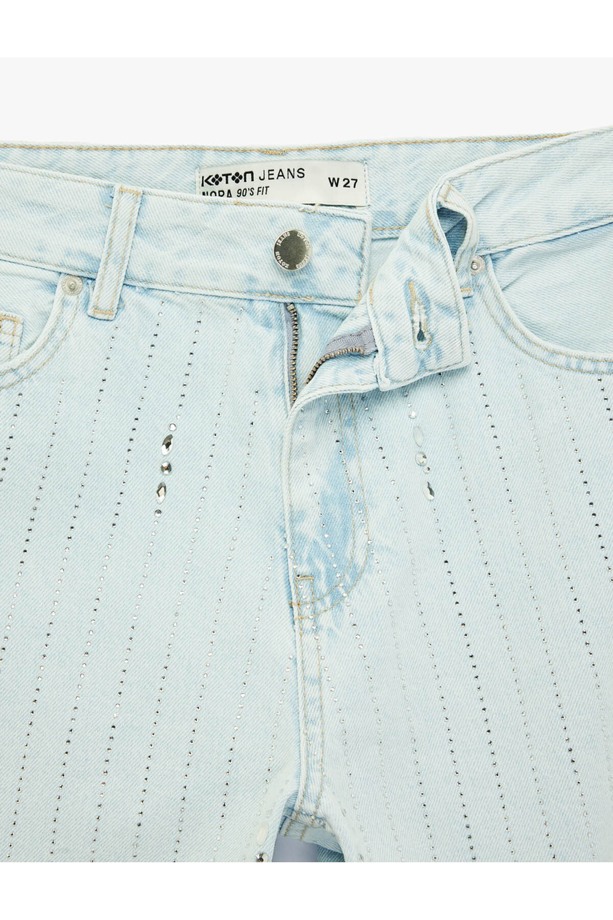 Uzun Düz Paça Normal Bel Cepli Düğmeli Taşlı Denim Pantolon - Longer Straight Fit Jean