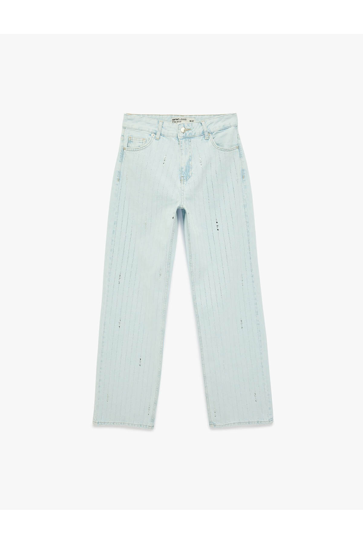 Uzun Düz Paça Normal Bel Cepli Düğmeli Taşlı Denim Pantolon - Longer Straight Fit Jean
