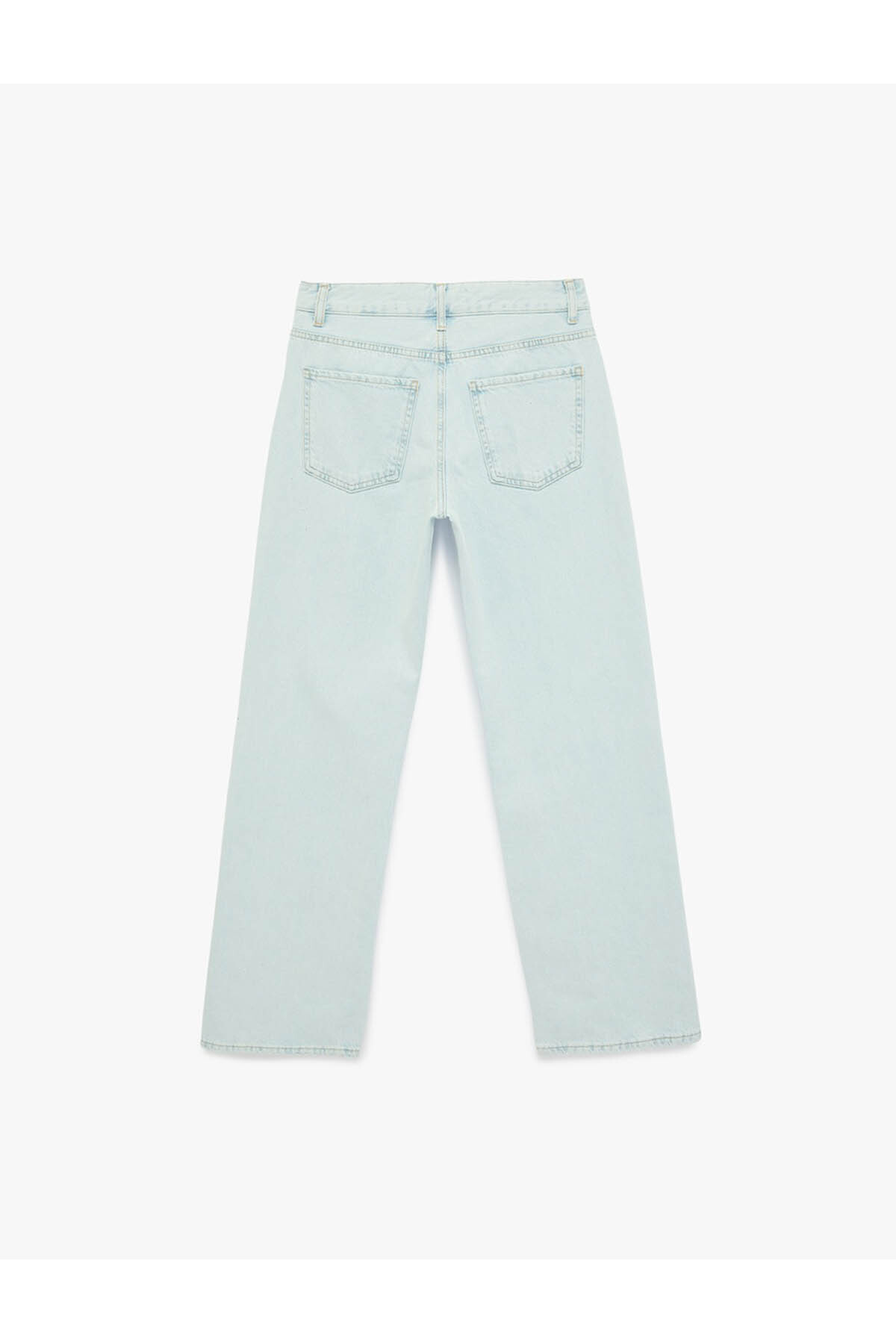 Uzun Düz Paça Normal Bel Cepli Düğmeli Taşlı Denim Pantolon - Longer Straight Fit Jean