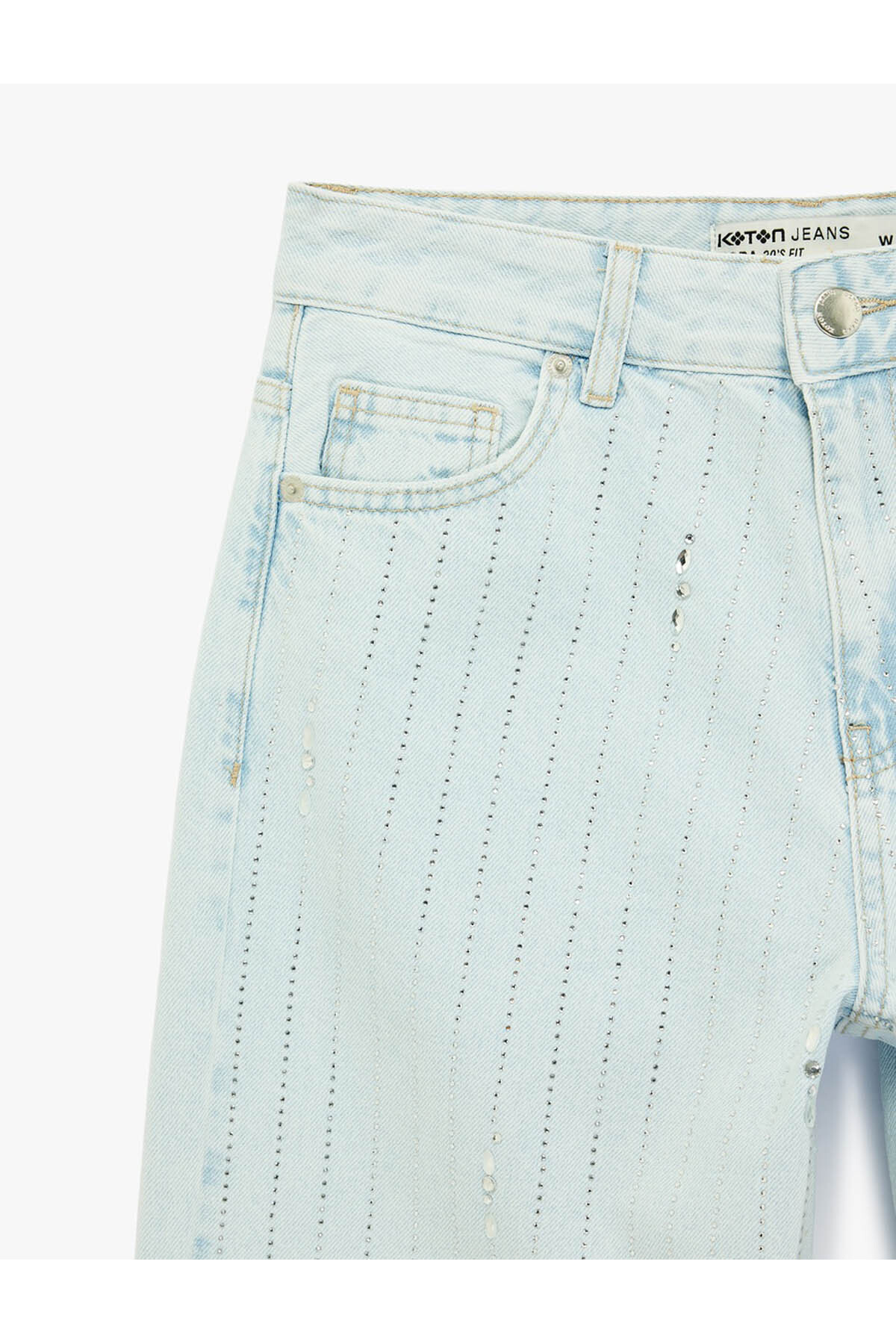 Uzun Düz Paça Normal Bel Cepli Düğmeli Taşlı Denim Pantolon - Longer Straight Fit Jean