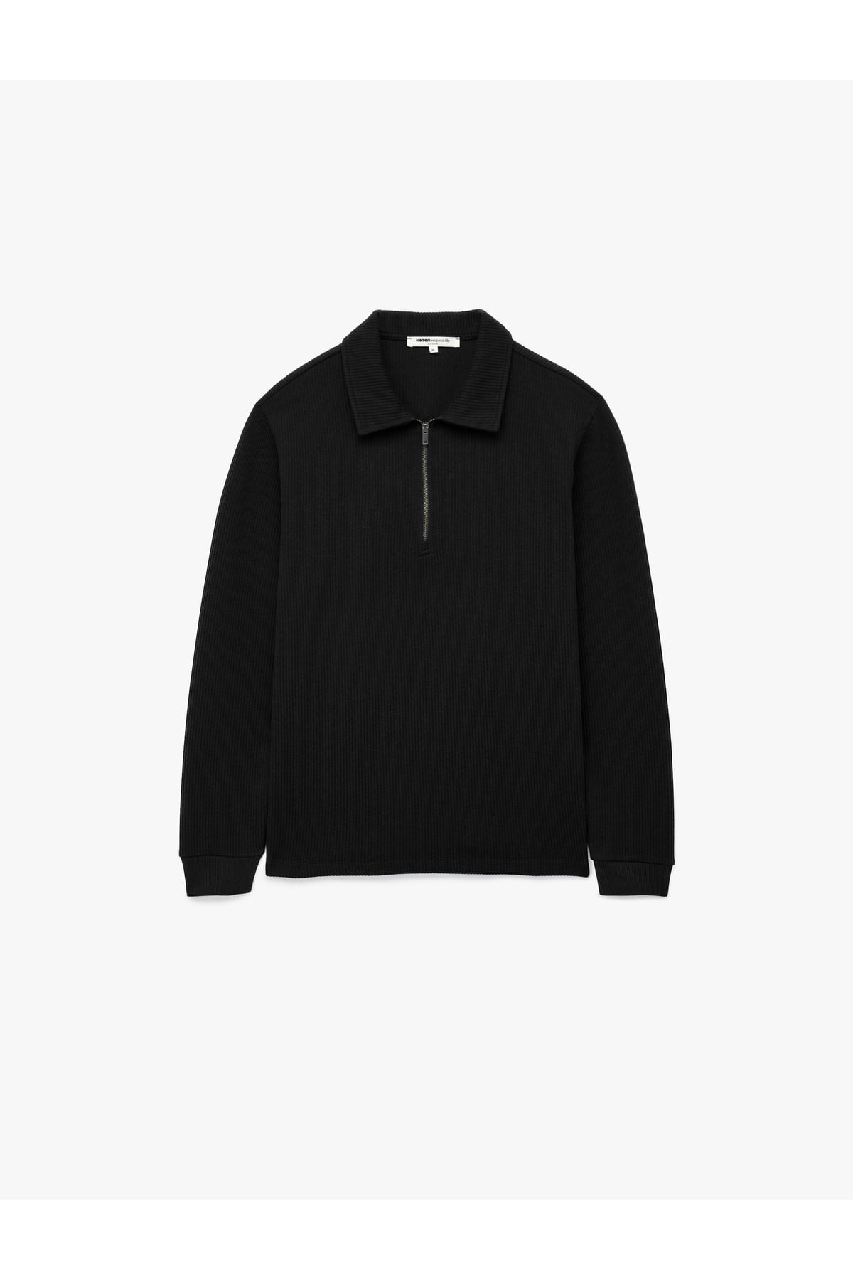 Uzun Kollu Basic Dokulu Yarım Fermuarlı Polo Yaka Sweatshirt