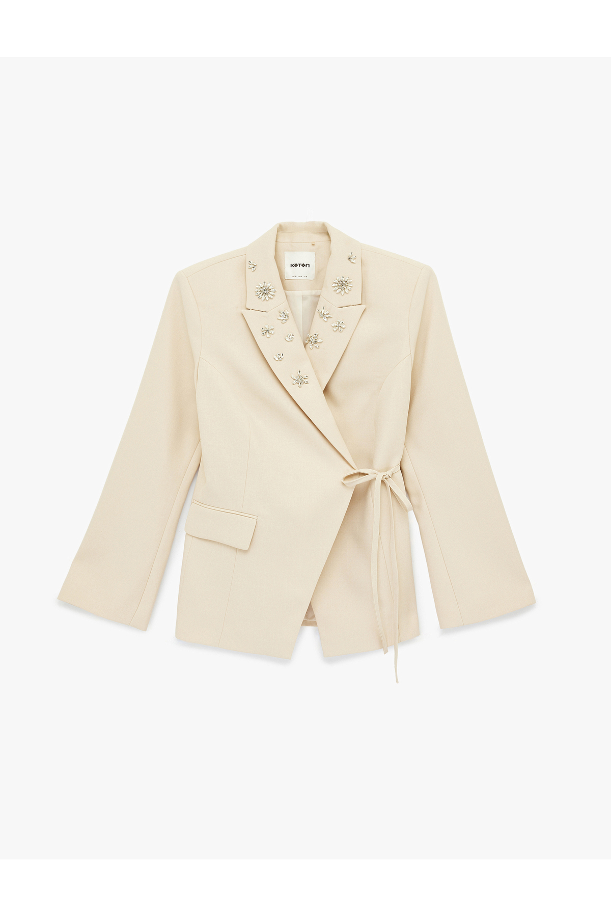 Uzun Kollu Cepli Bağlama Detaylı Taşlı Blazer Ceket