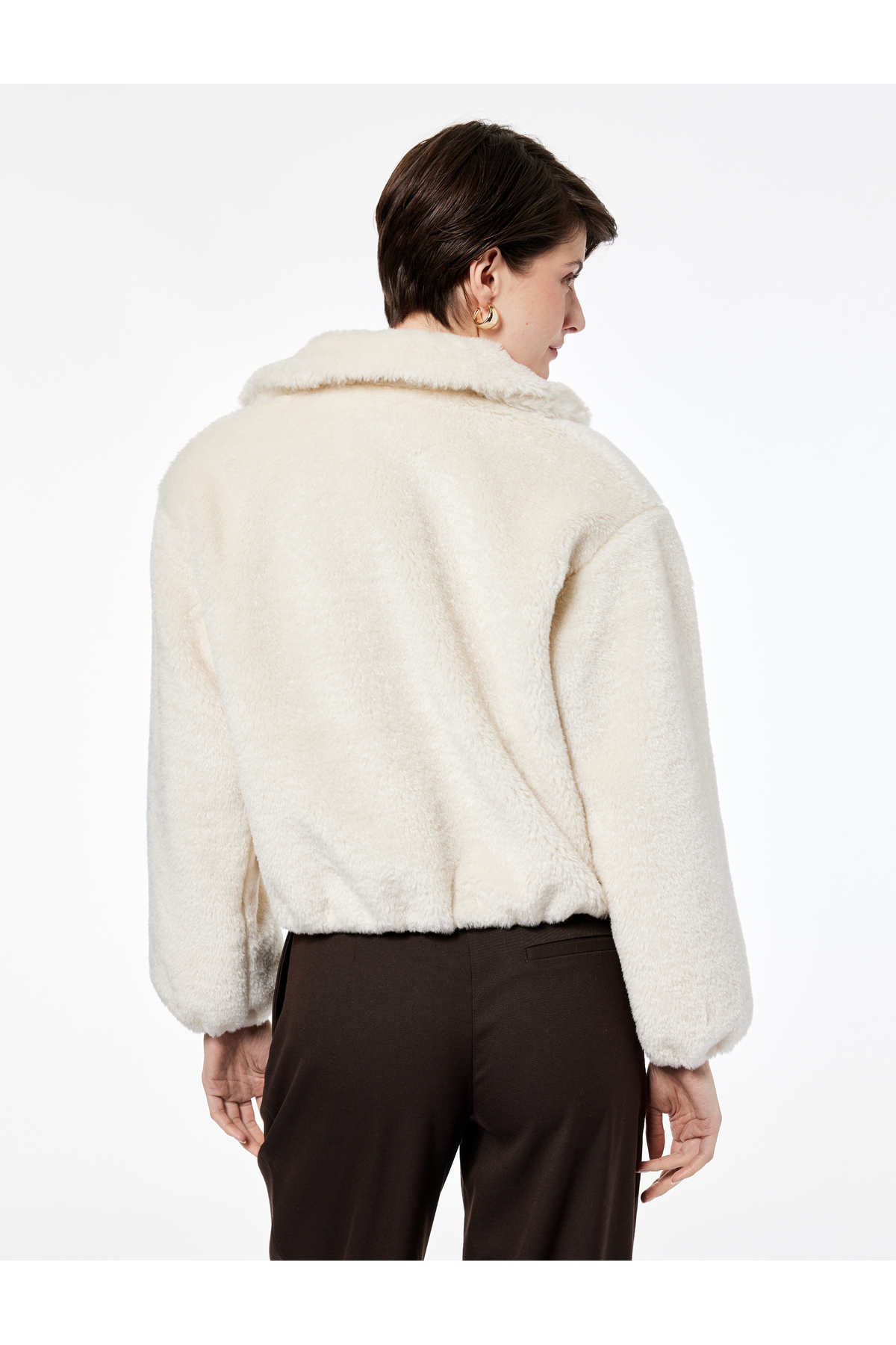Uzun Kollu Cepli Fermuarlı Crop Peluş Bomber Ceket