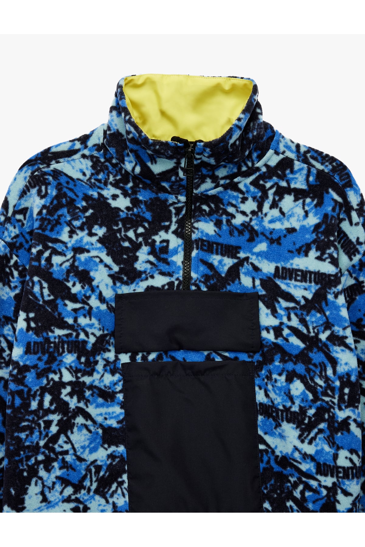 Uzun Kollu Dik Yaka Kapaklı Cepli Desenli Oversize Polar Sweatshirt