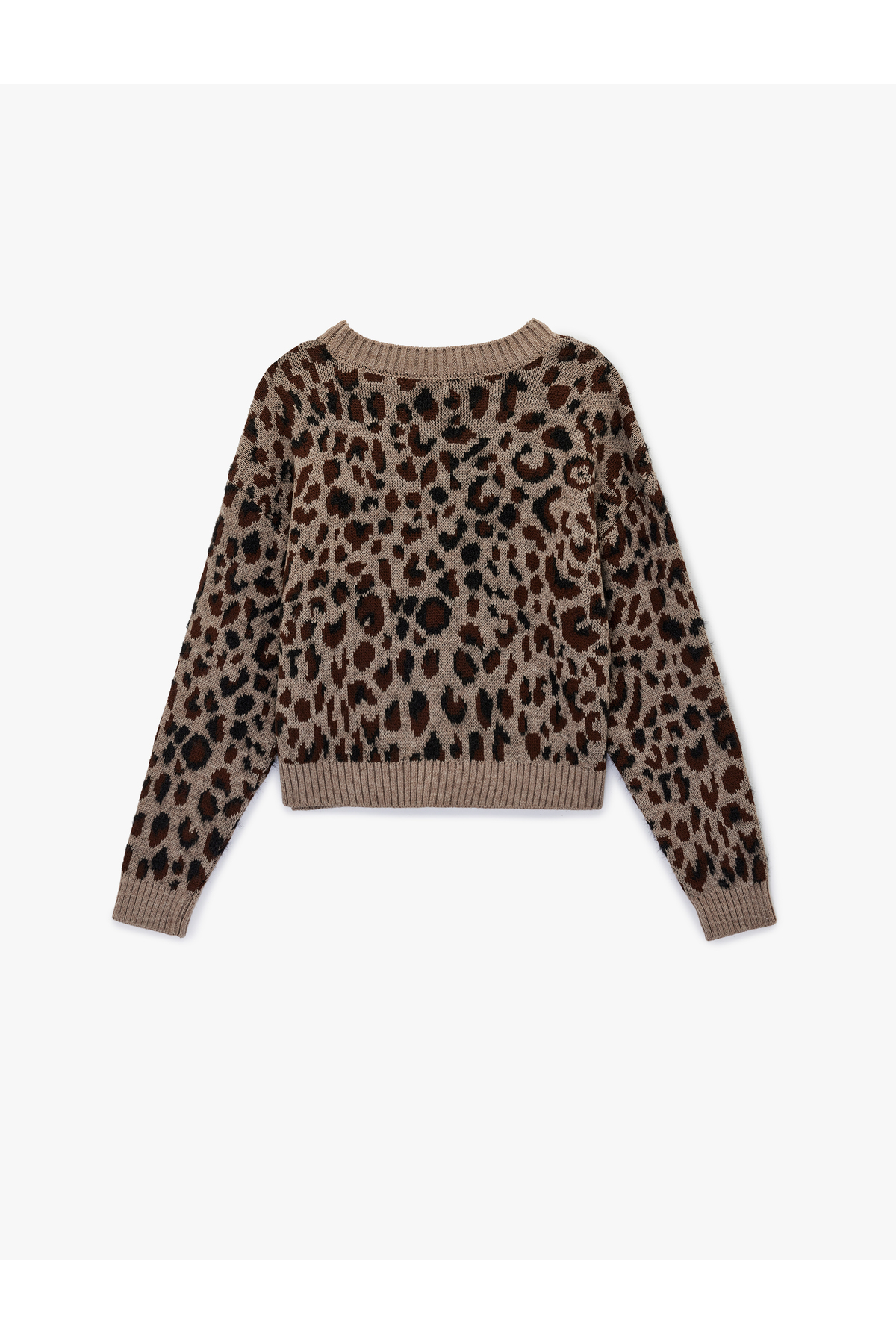 Uzun Kollu Geniş Yuvarlak Yaka Leopar Desenli Oversize Triko Kazak
