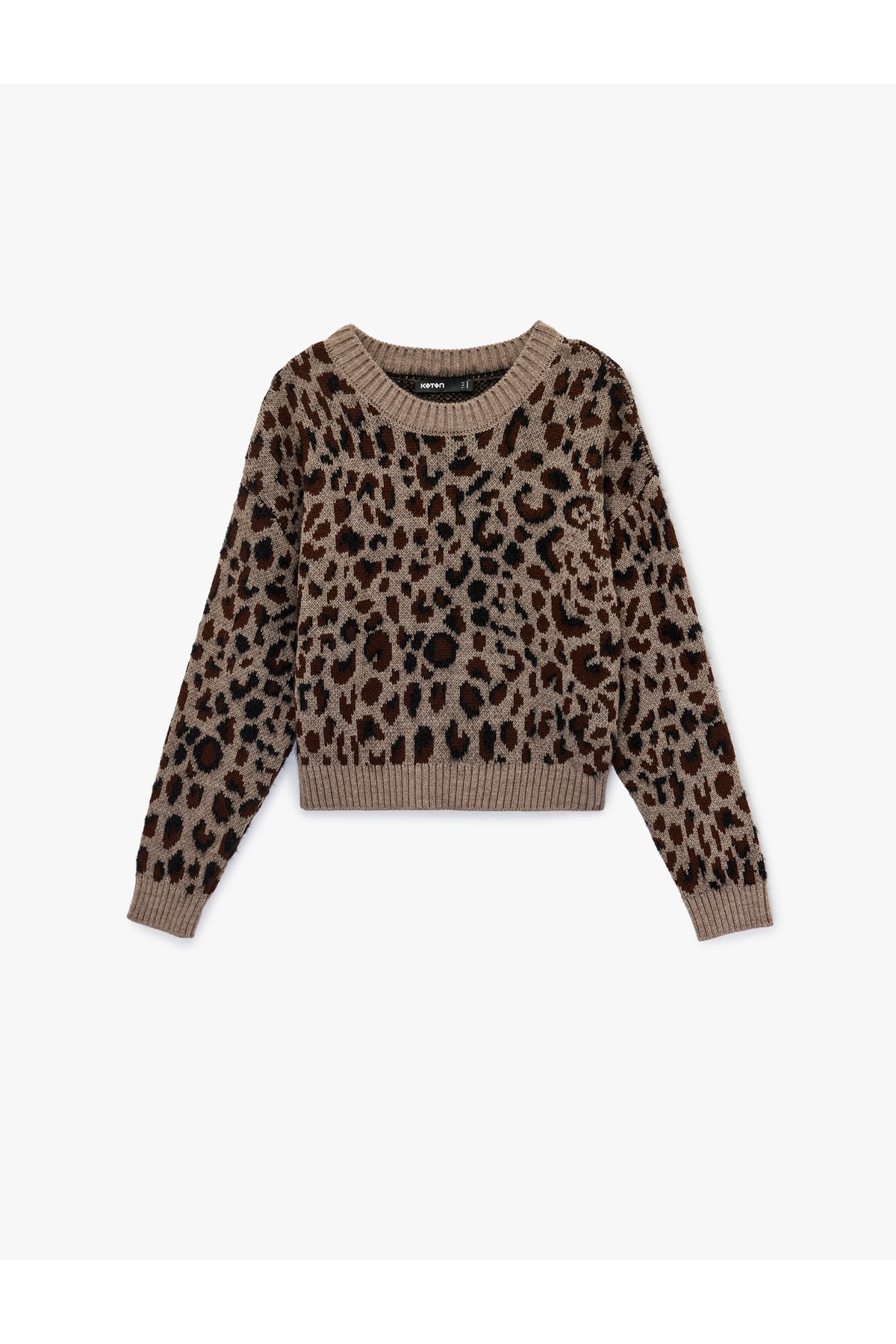 Uzun Kollu Geniş Yuvarlak Yaka Leopar Desenli Oversize Triko Kazak