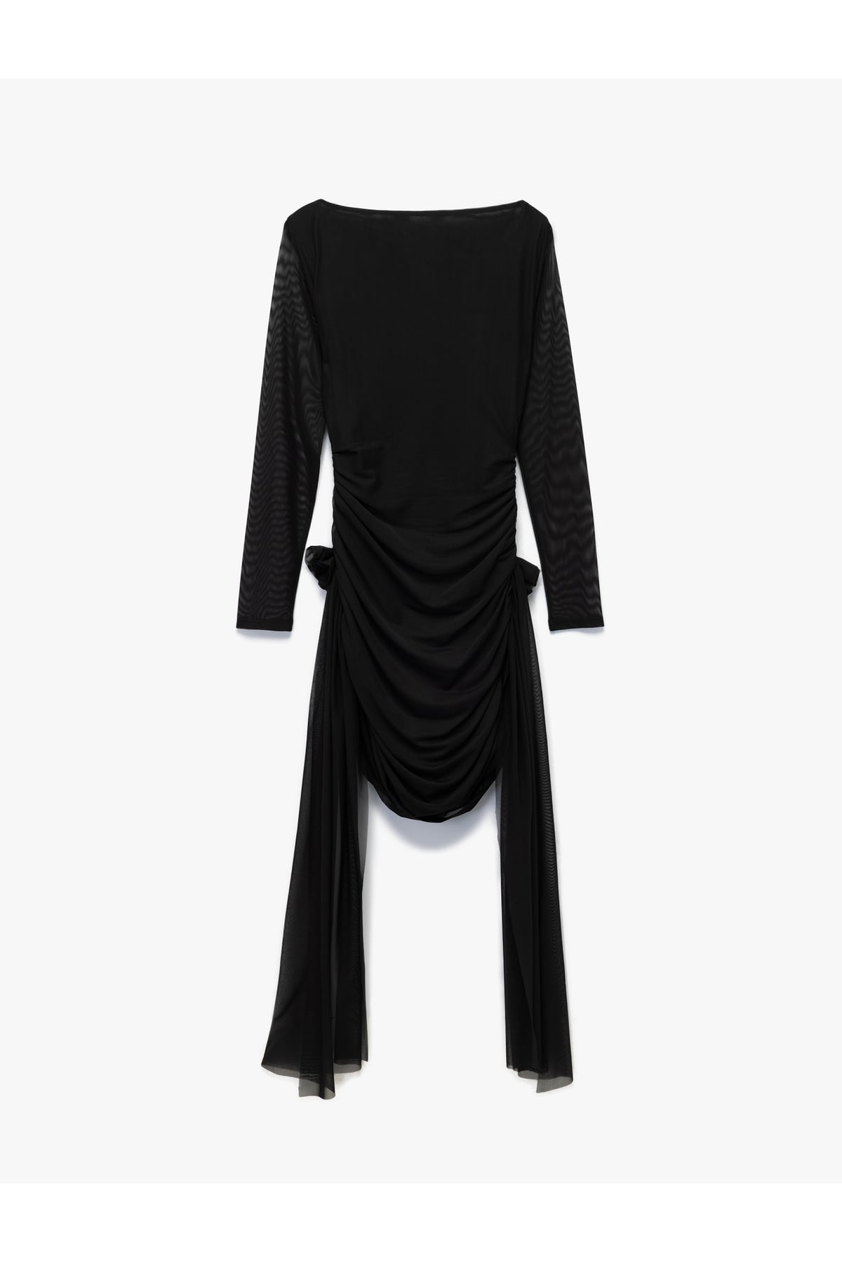 Uzun Kollu Kayık Yaka Tüllü Gül Detaylı Mini Bodycon Elbise