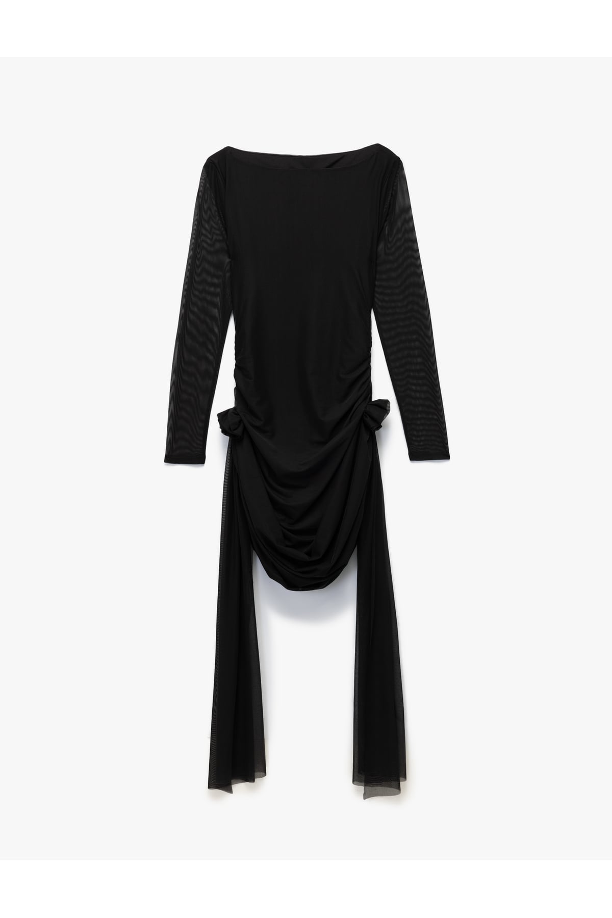 Uzun Kollu Kayık Yaka Tüllü Gül Detaylı Mini Bodycon Elbise