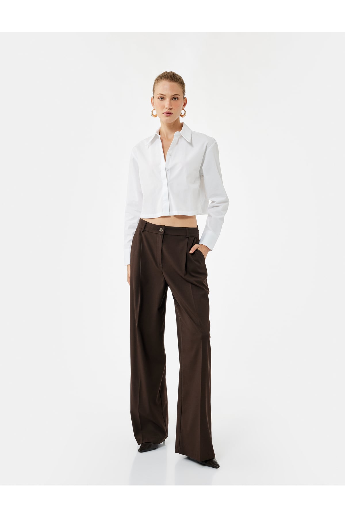 Uzun Kollu Klasik Yaka Oversize Poplin Crop Gömlek