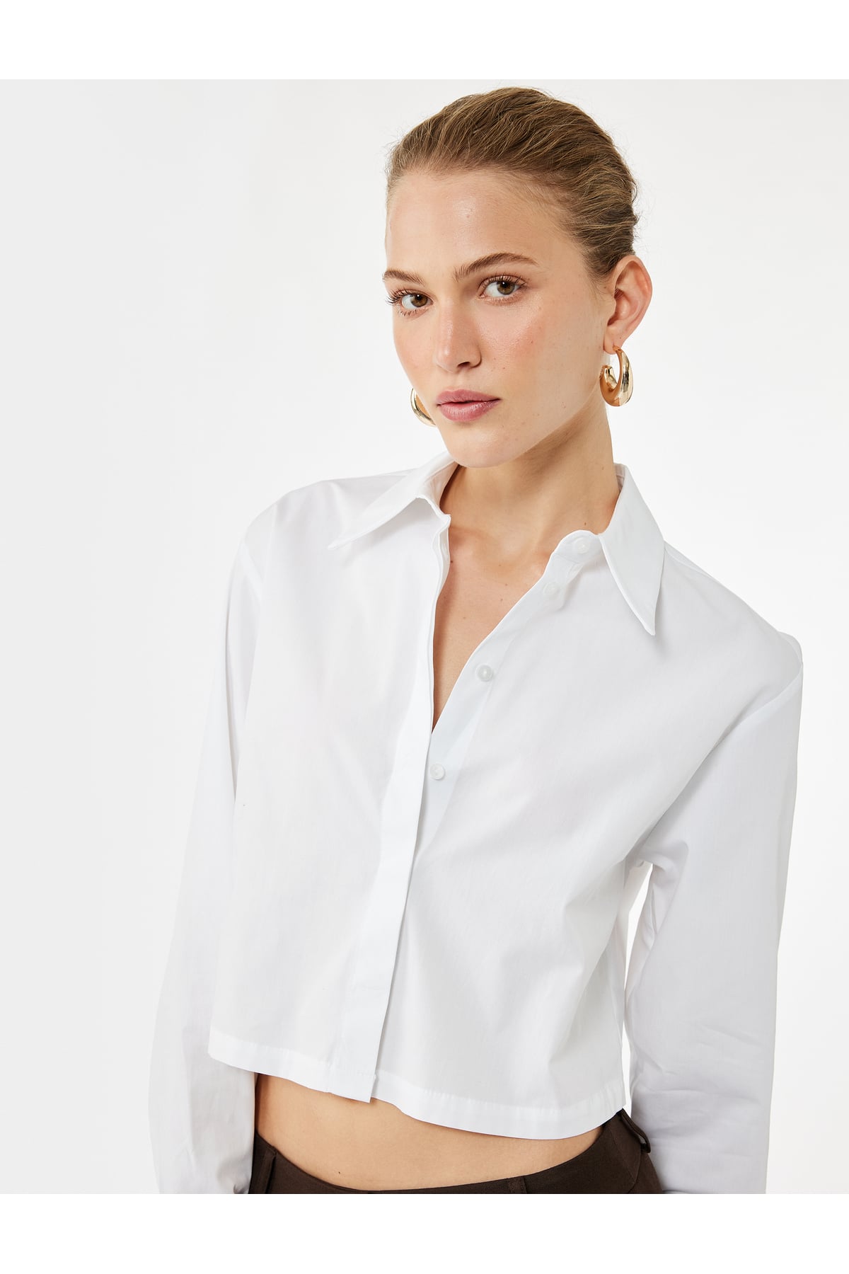 Uzun Kollu Klasik Yaka Oversize Poplin Crop Gömlek