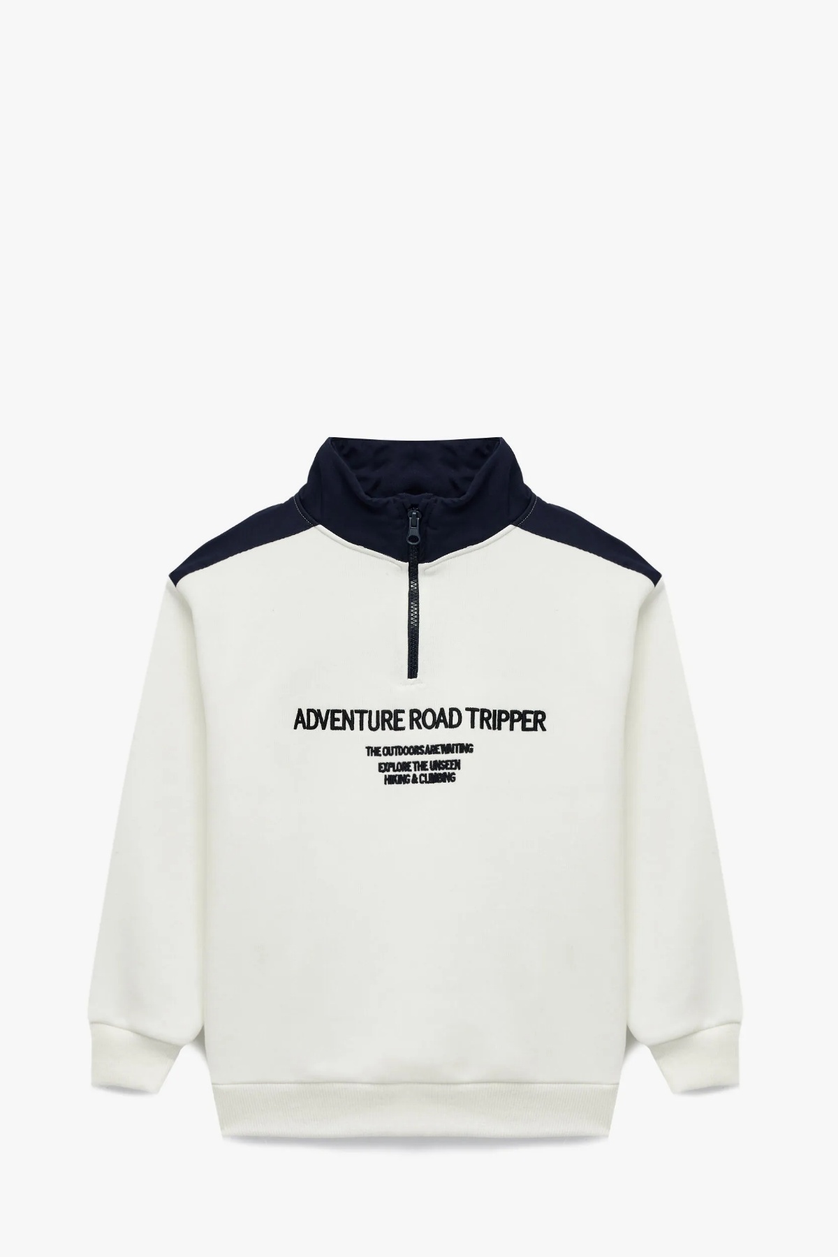 Uzun Kollu Renk Bloklu Baskılı Dik Yaka Yarım Fermuarlı Şardonlu Sweatshirt