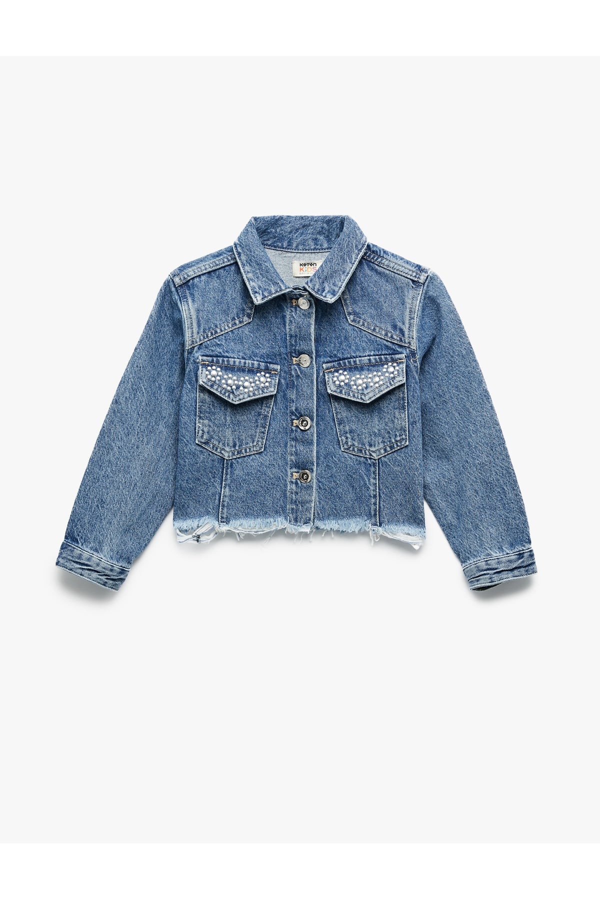 Uzun Kollu Taş Detaylı Cepli Pamuklu Denim Ceket