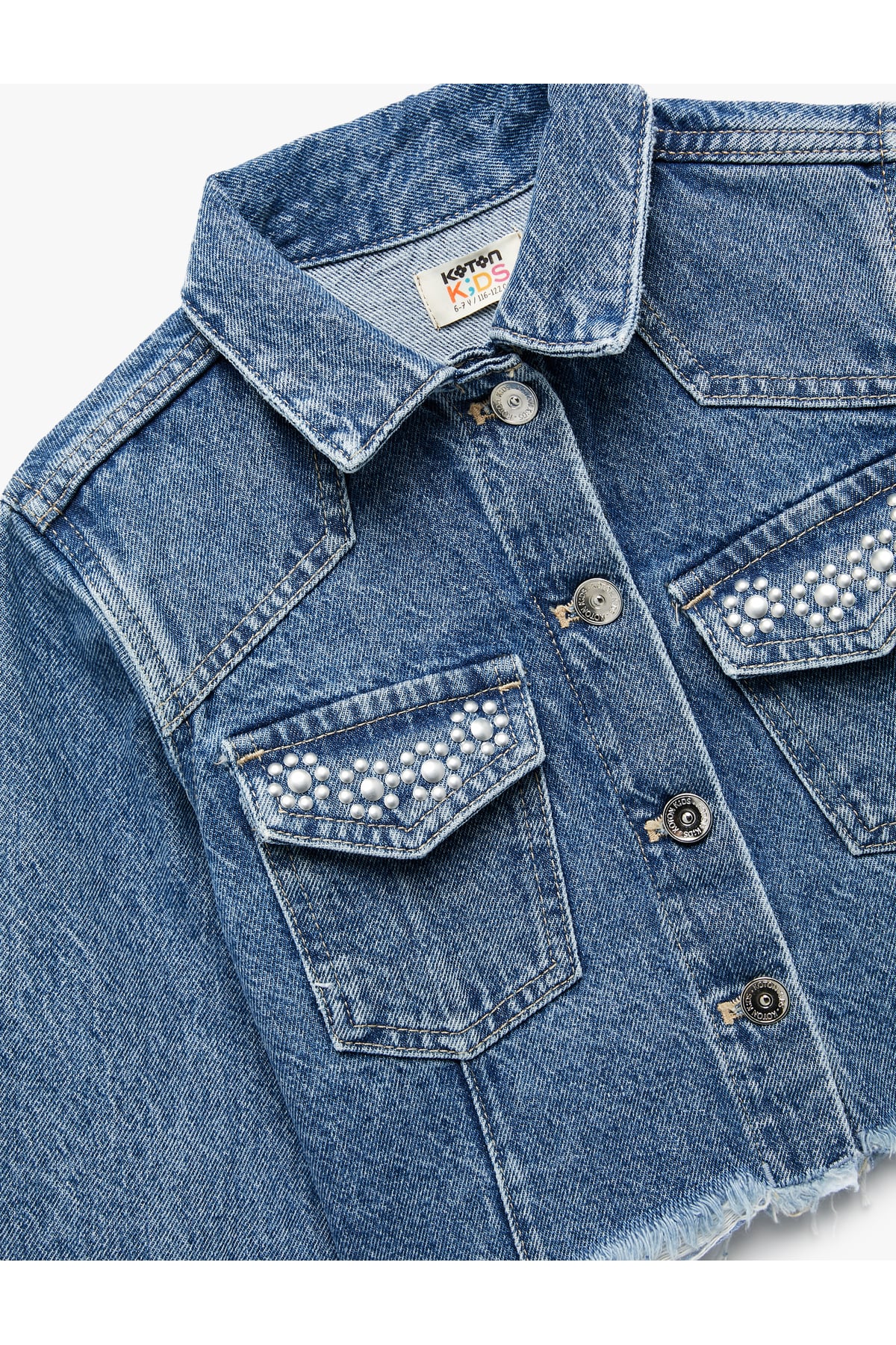 Uzun Kollu Taş Detaylı Cepli Pamuklu Denim Ceket