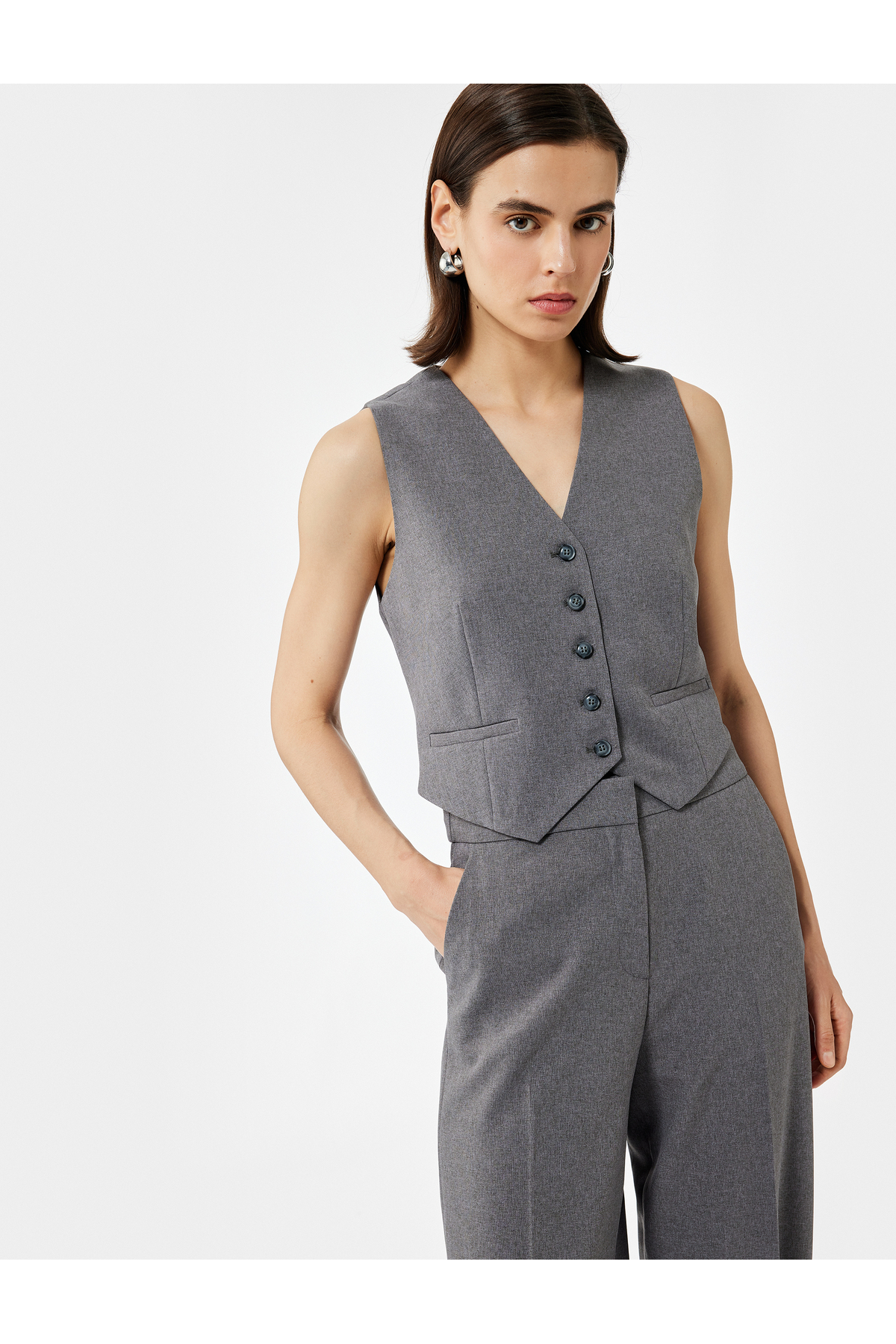 V Yaka Düğmeli Blazer Yelek