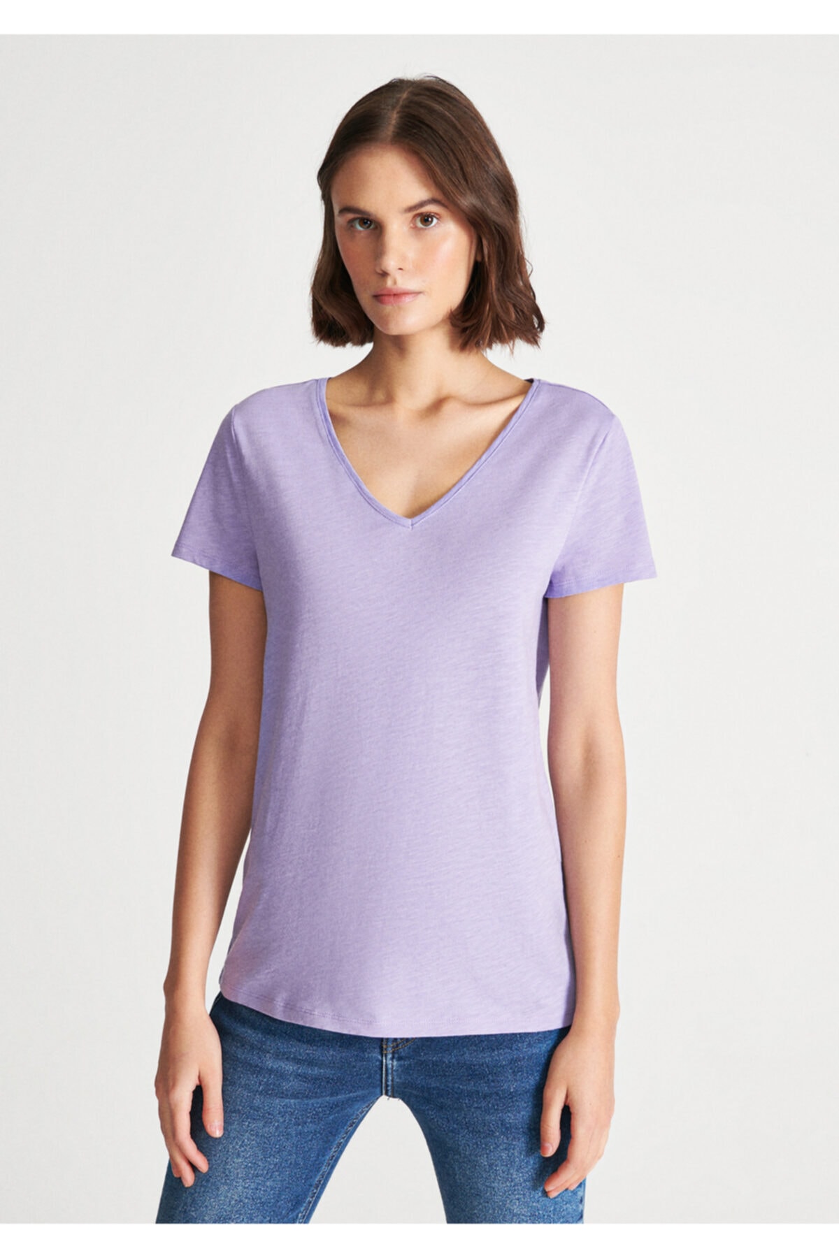 V Yaka Lila Basic Tişört Fitted / Vücuda Oturan Kesim 168260-80723