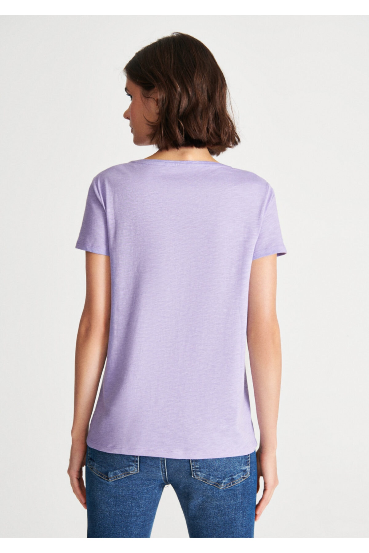 V Yaka Lila Basic Tişört Fitted / Vücuda Oturan Kesim 168260-80723
