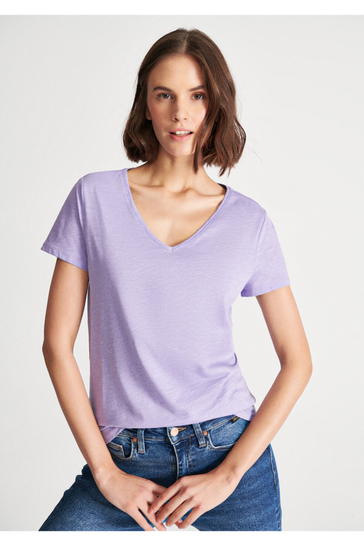 V Yaka Lila Basic Tişört Fitted / Vücuda Oturan Kesim 168260-80723