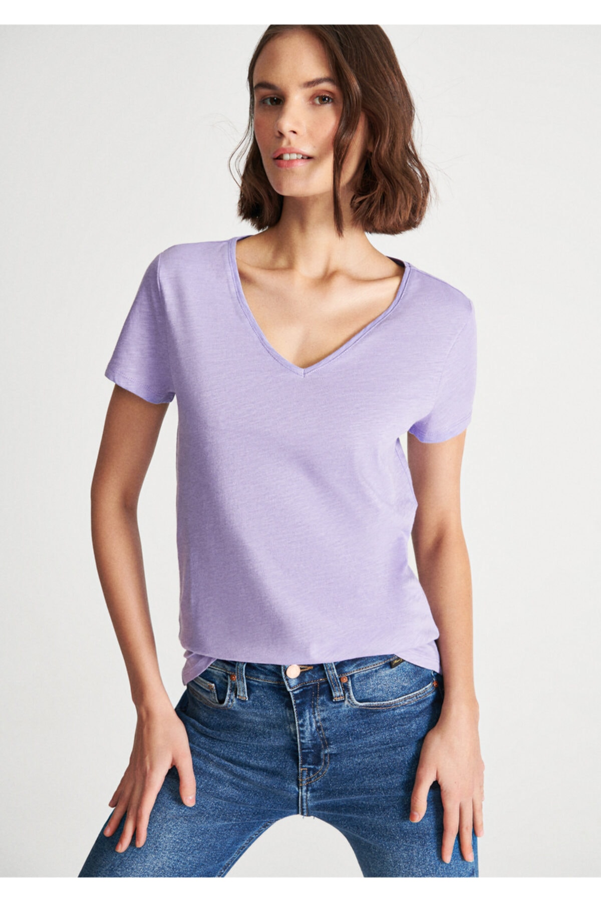V Yaka Lila Basic Tişört Fitted / Vücuda Oturan Kesim 168260-80723