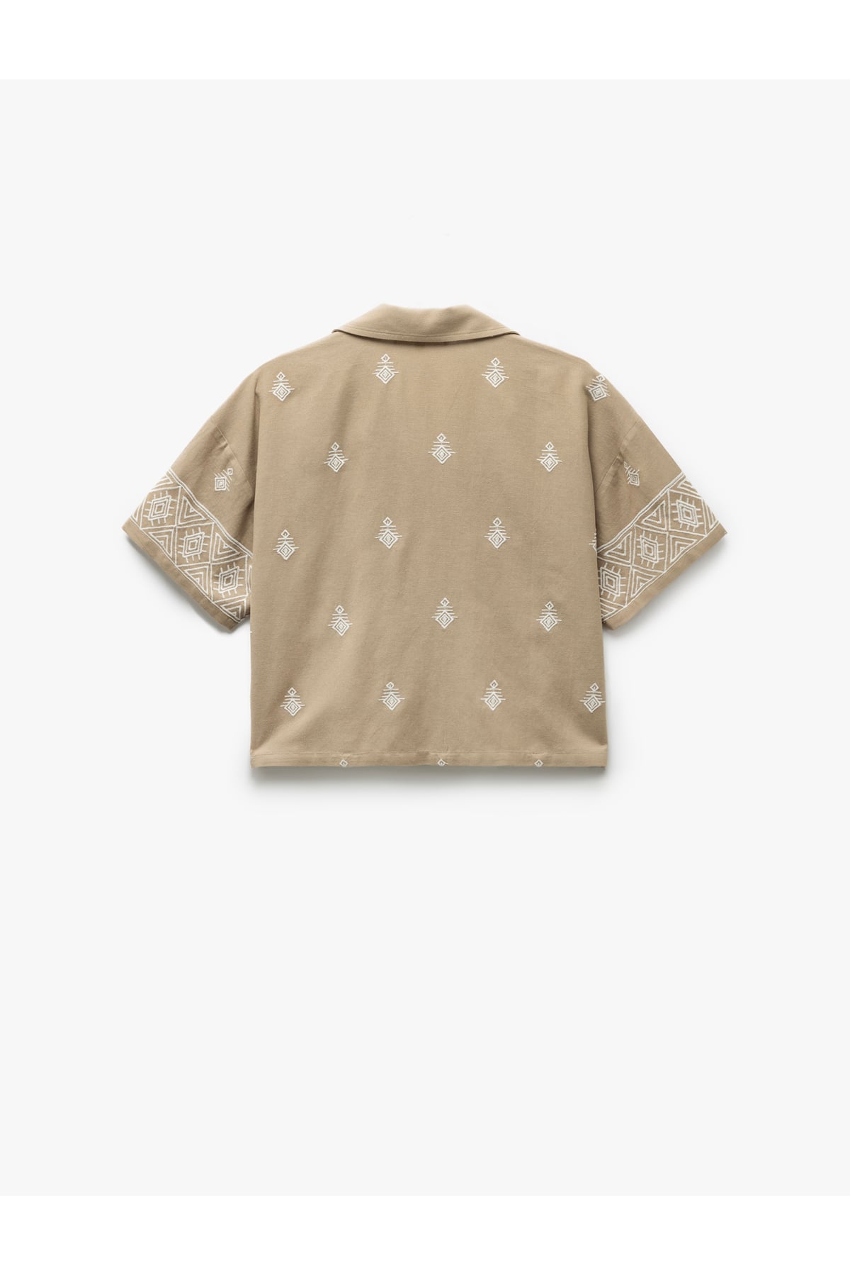 Viskon Etnik Desenli İşlemeli Kısa Kollu Oversize Crop Gömlek
