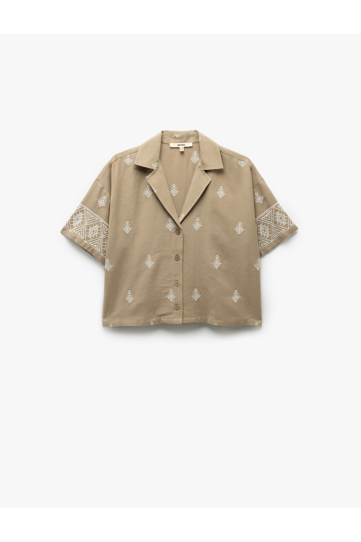 Viskon Etnik Desenli İşlemeli Kısa Kollu Oversize Crop Gömlek