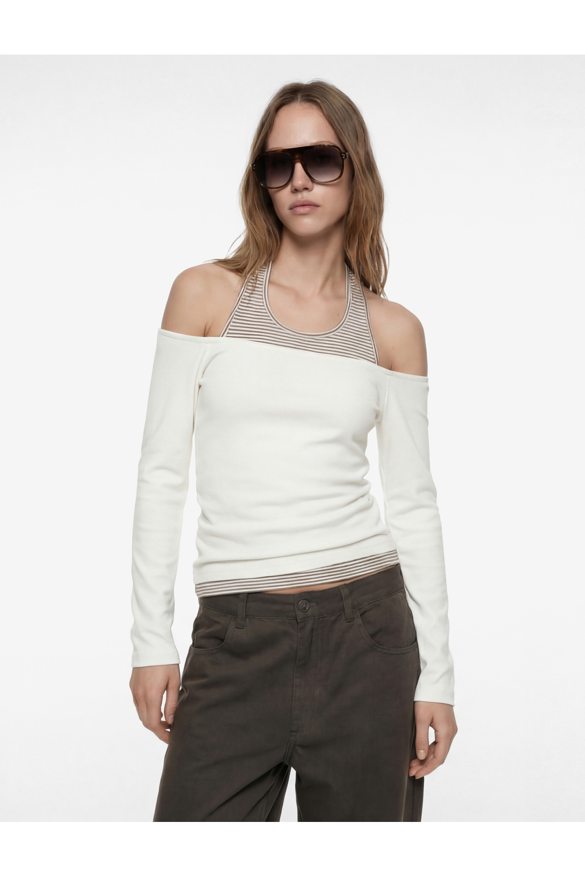 Viskon Karışımlı Slim Fit Uzun Kollu Halter Yaka Tişört