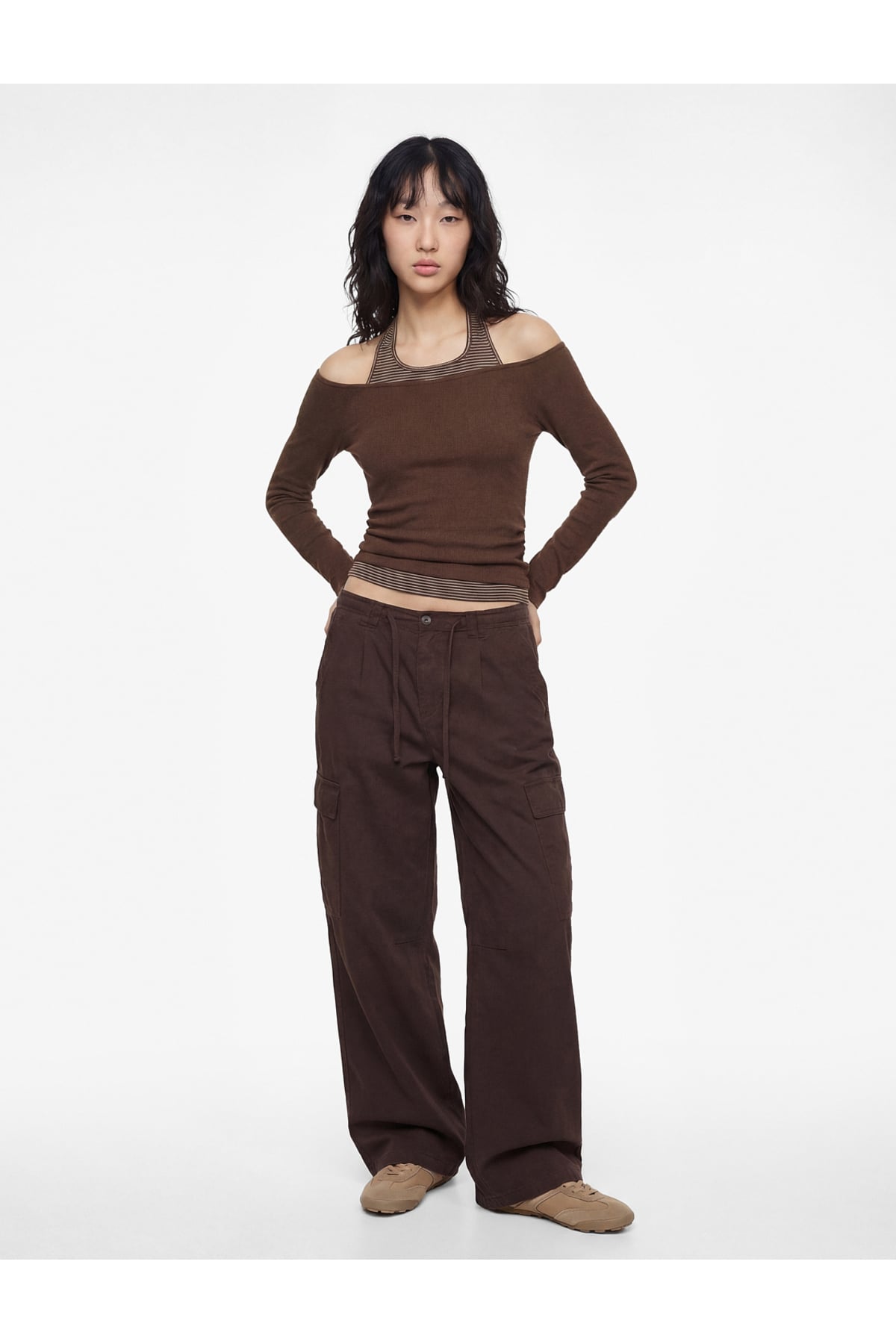 Viskon Karışımlı Slim Fit Uzun Kollu Halter Yaka Tişört