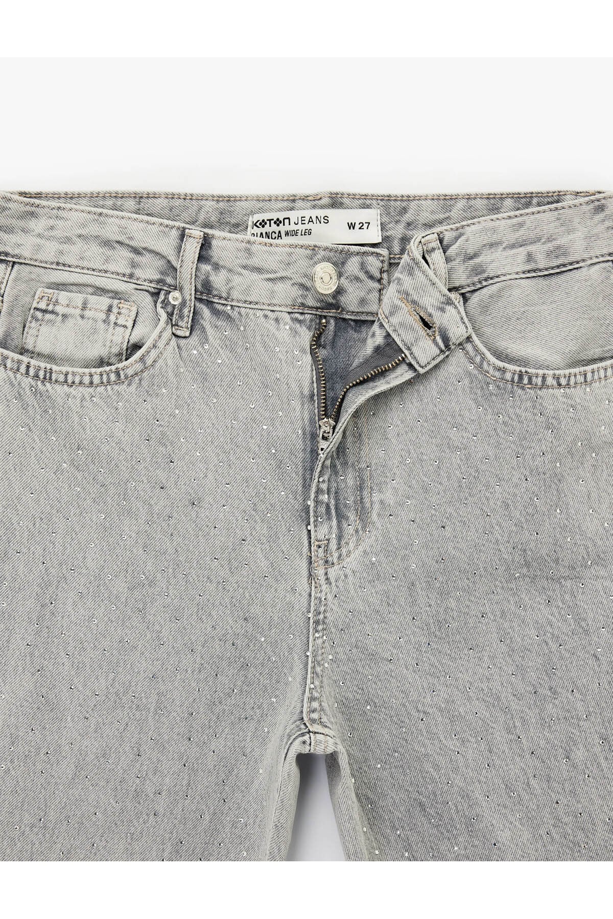 Wide Leg Taş Detaylı Gri Kadın Jean Pantolon 6SAL40006MD