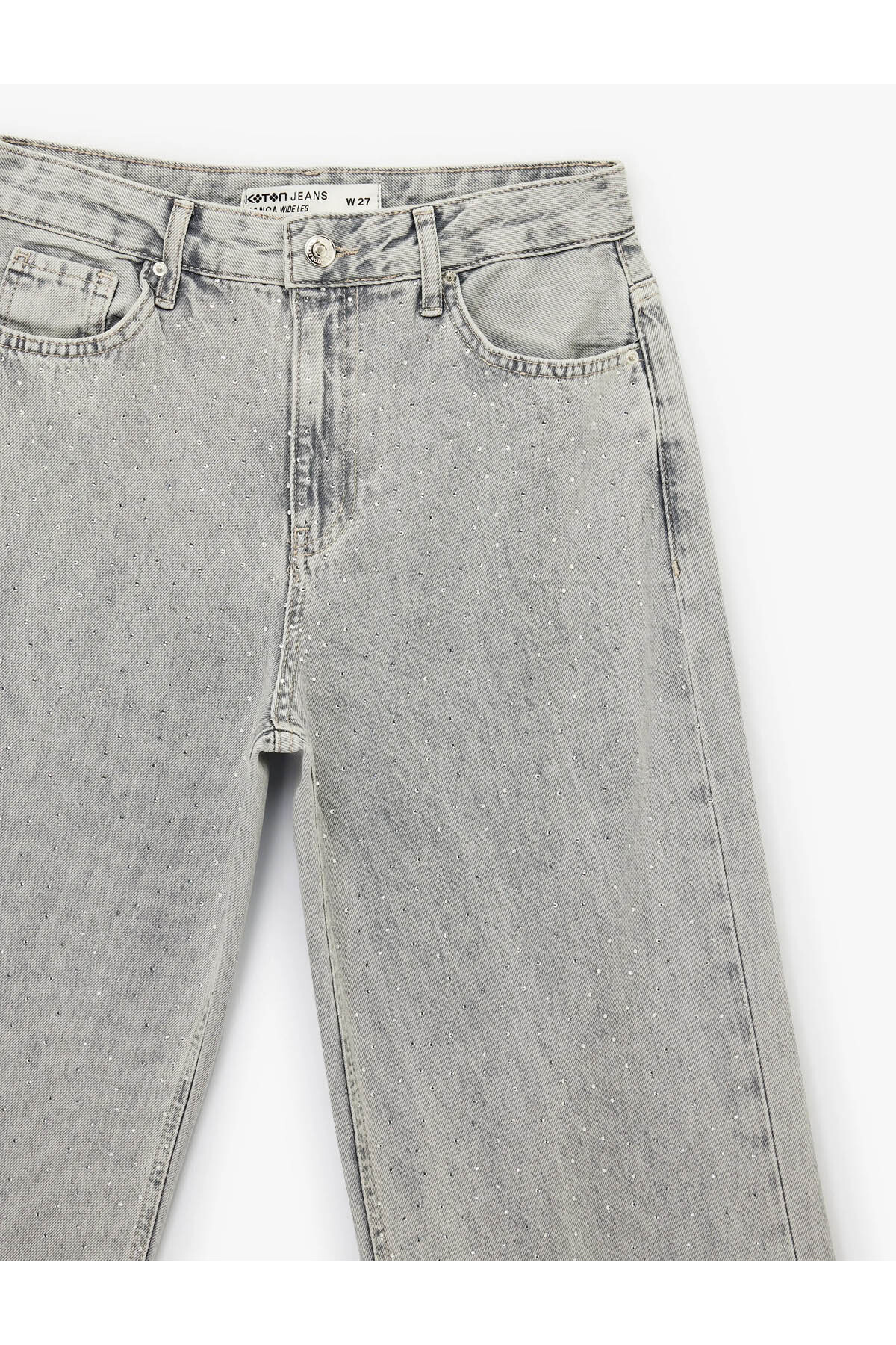 Wide Leg Taş Detaylı Gri Kadın Jean Pantolon 6SAL40006MD
