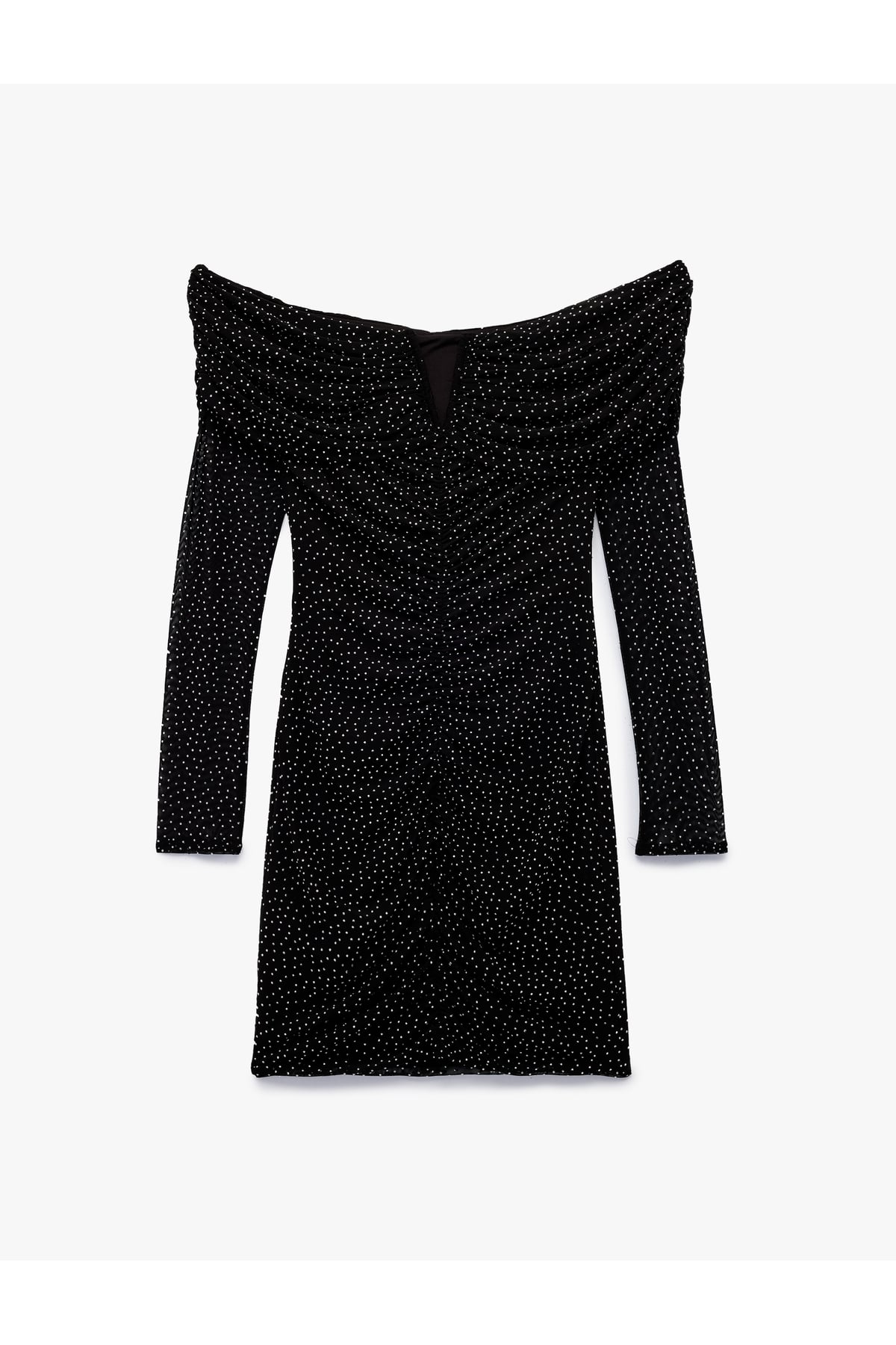 X Sibil Çetinkaya - Kayık Yaka Uzun Kollu Taşlı Bodycon Mini Abiye Elbise