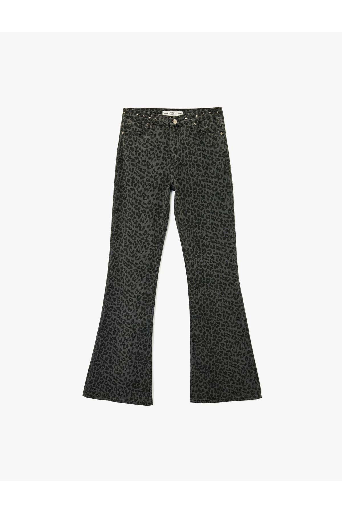 X Sibil Çetinkaya - Leopar Desenli Metal Aksesuarlı İspanyol Paça Jean Pantolon - Flare Jeans