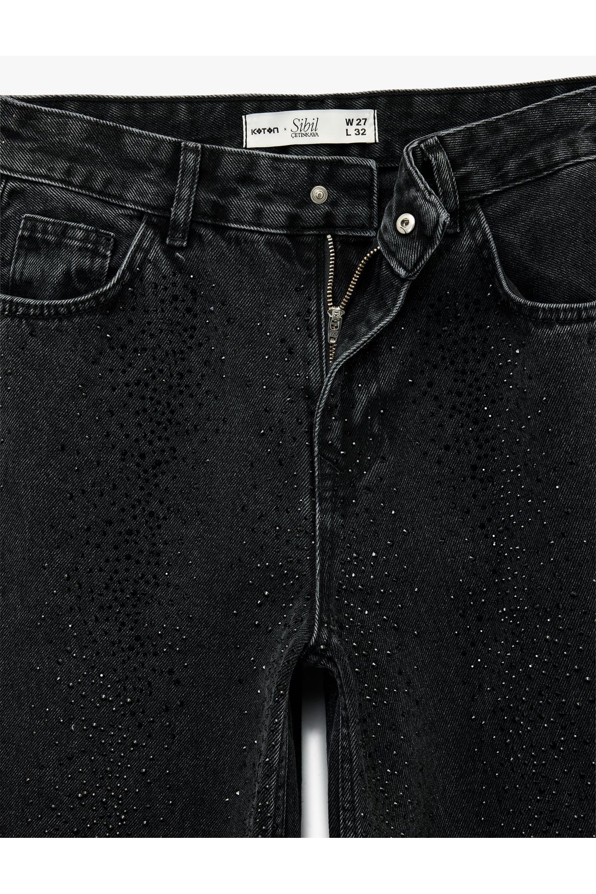 X Sibil Çetinkaya - Taş Detaylı Çıtçıt Düğmeli Bol Paça Jean Pantolon - Loose Straight Fit