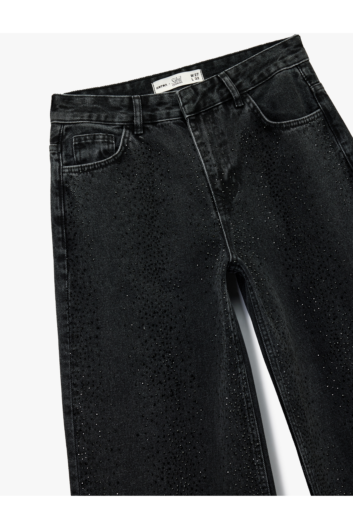 X Sibil Çetinkaya - Taş Detaylı Çıtçıt Düğmeli Bol Paça Jean Pantolon - Loose Straight Fit