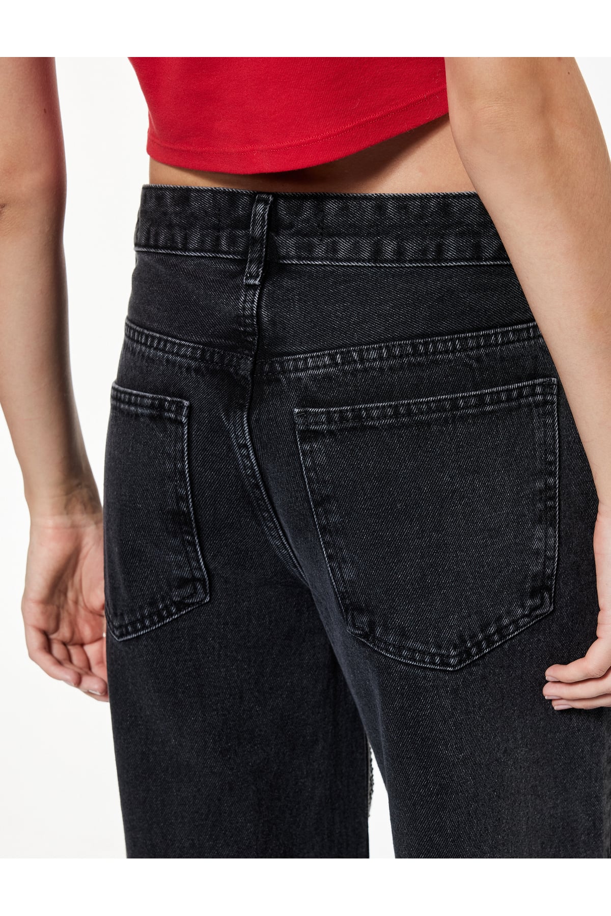 X Sibil Çetinkaya - Taş Detaylı Çıtçıt Düğmeli Bol Paça Jean Pantolon - Loose Straight Fit