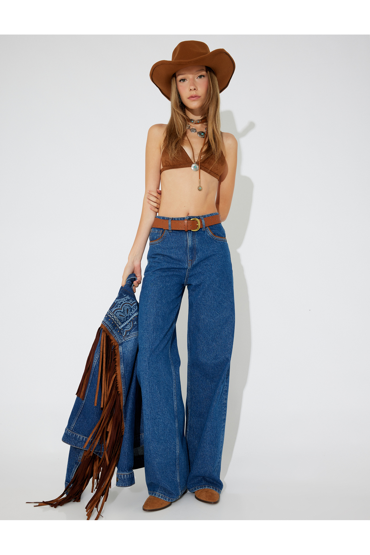 X Zeynep Bastık - Bol Paça Denim Pantolon Düğmeli Cepli Standart Bel