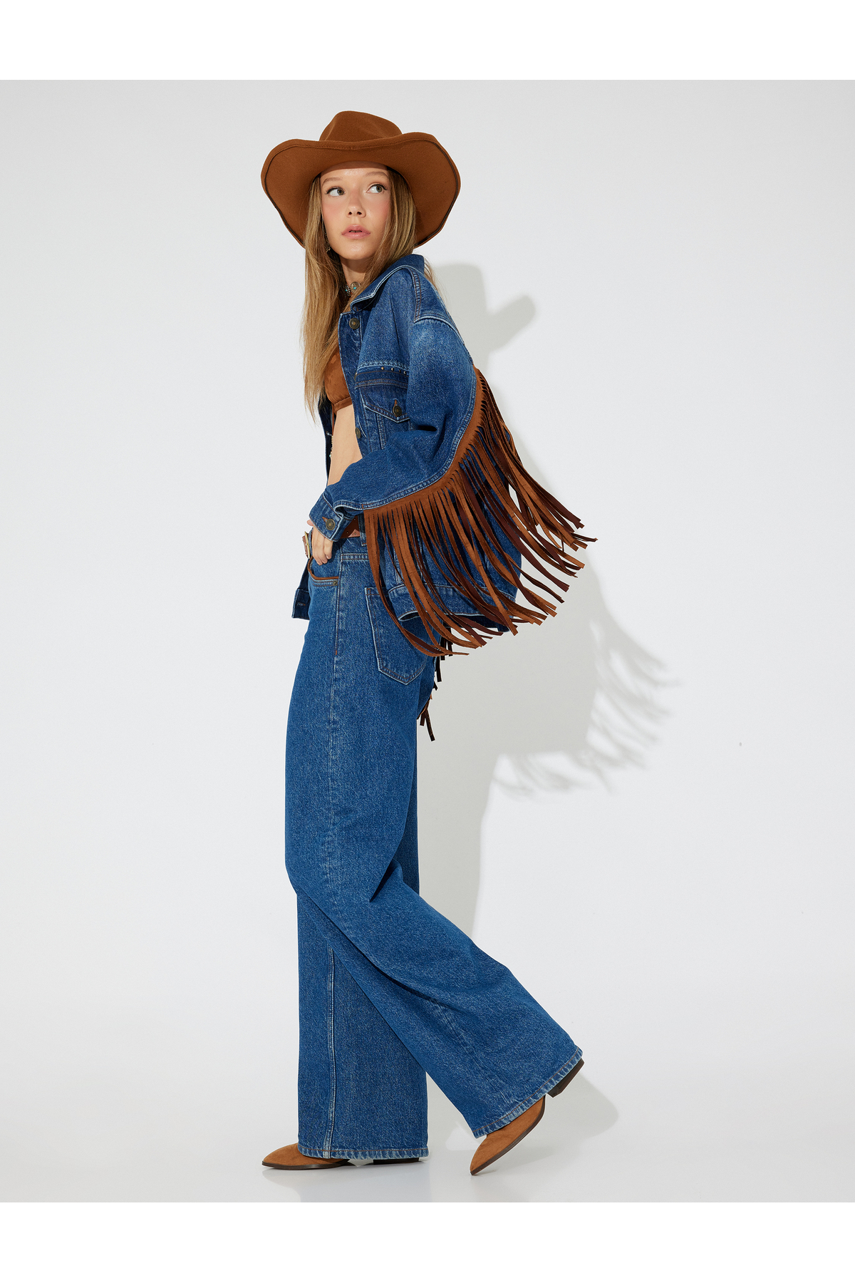 X Zeynep Bastık - Bol Paça Denim Pantolon Düğmeli Cepli Standart Bel