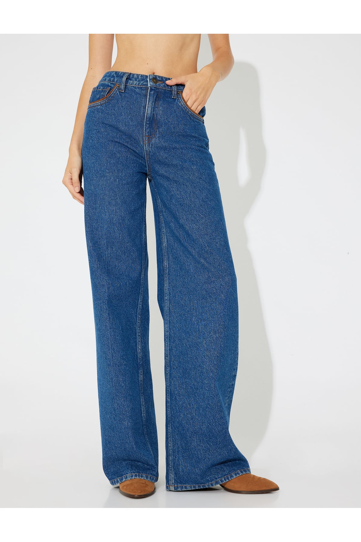 X Zeynep Bastık - Bol Paça Denim Pantolon Düğmeli Cepli Standart Bel