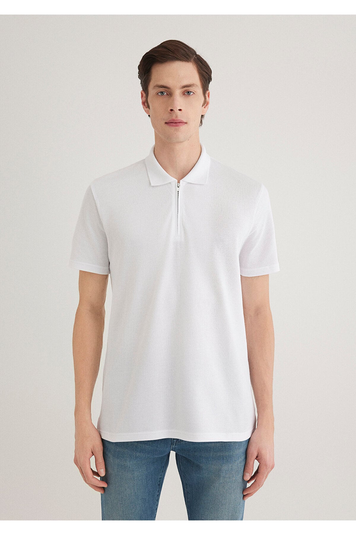 Yarı Fermuarlı Beyaz Polo Tişört Regular Fit / Normal Kesim 0612525-620