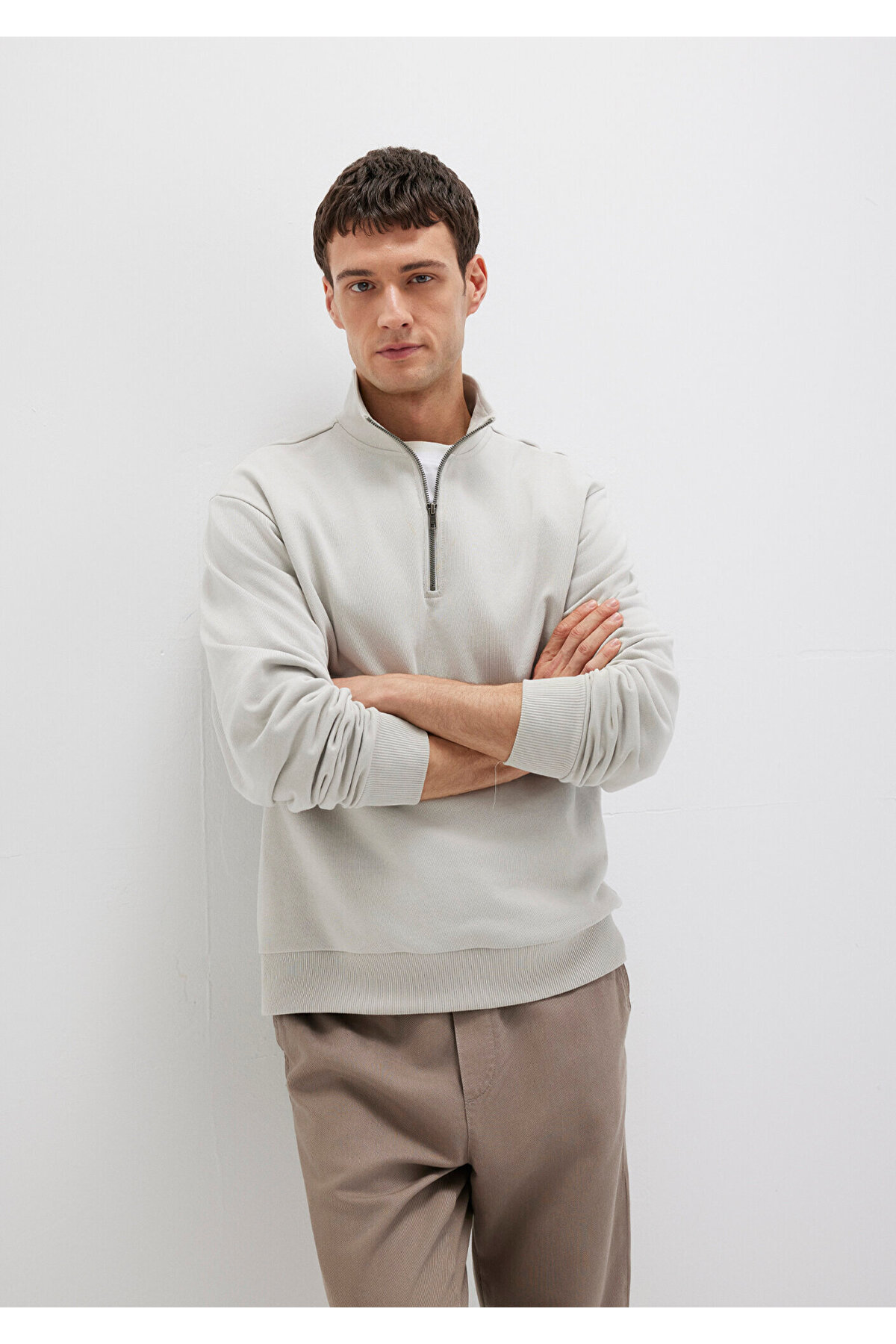 Yarı Fermuarlı Gri Basic Sweatshirt 0S10419-70074