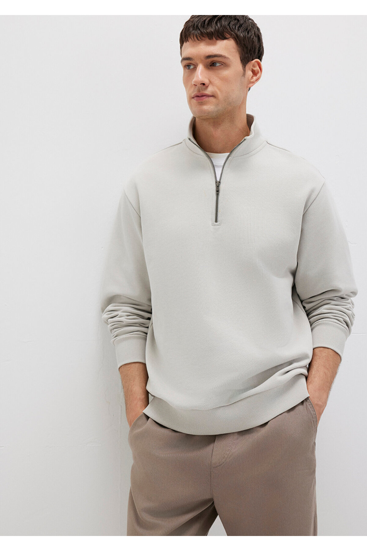 Yarı Fermuarlı Gri Basic Sweatshirt 0S10419-70074