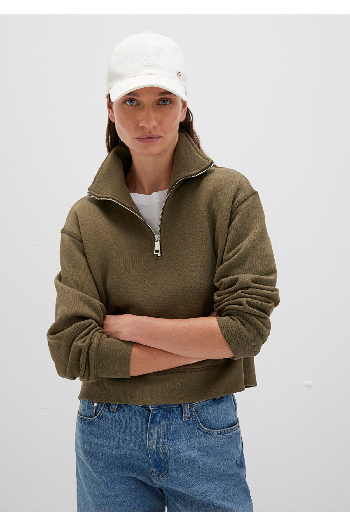 Yarı Fermuarlı Haki Sweatshirt 1S10391-71589