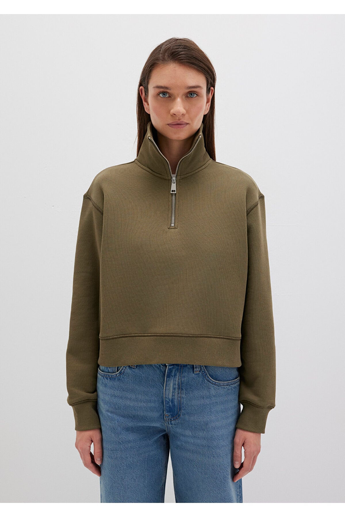 Yarı Fermuarlı Haki Sweatshirt 1S10391-71589