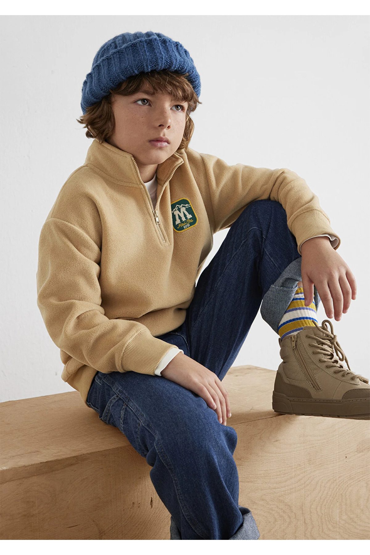 Yarı Fermuarlı Logo Bej Sweatshirt Loose Fit / Bol Rahat Kesim 6S10153-83859