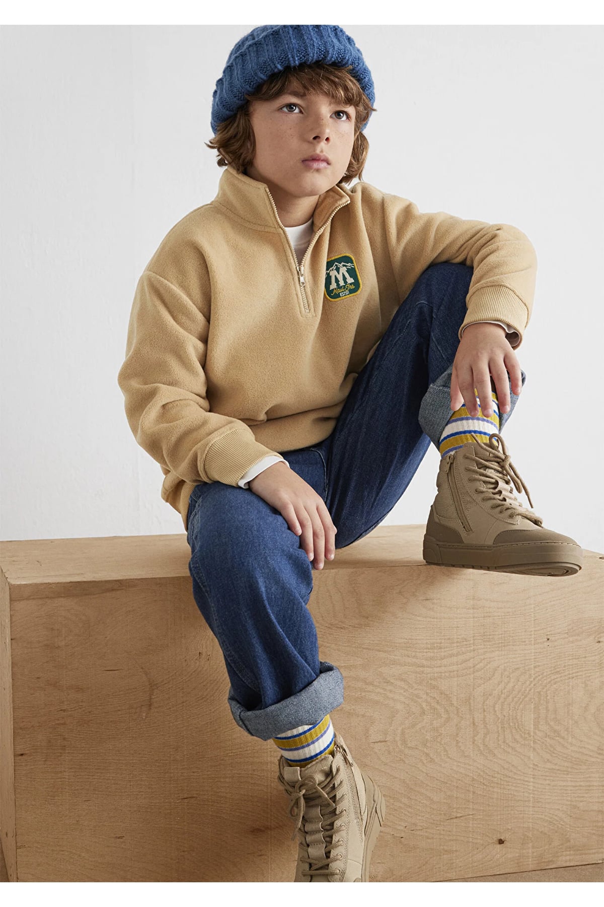Yarı Fermuarlı Logo Bej Sweatshirt Loose Fit / Bol Rahat Kesim 6S10153-83859